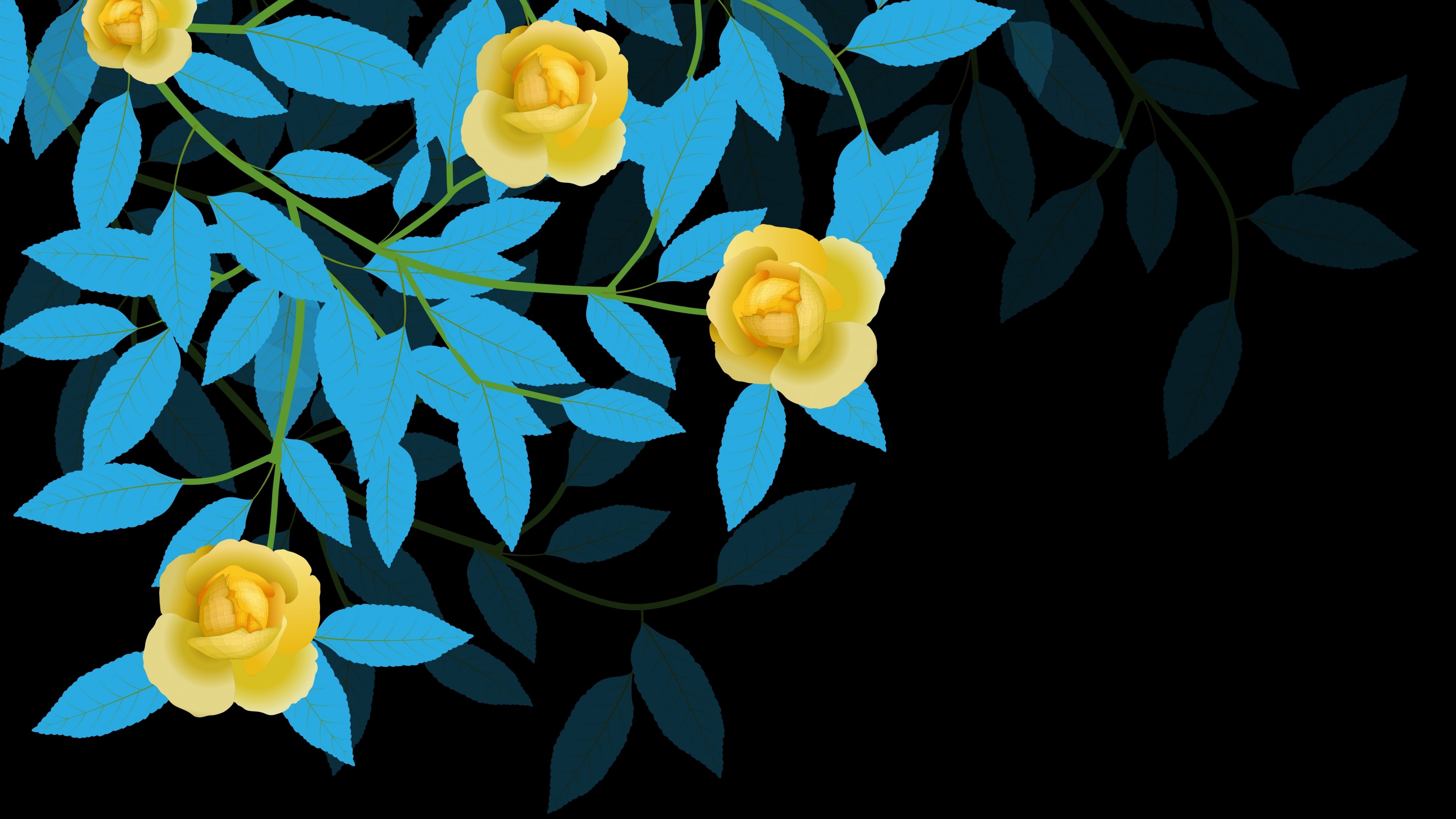 4K Vector Yellow Roses and Blue Leaves HD Wallpaper
