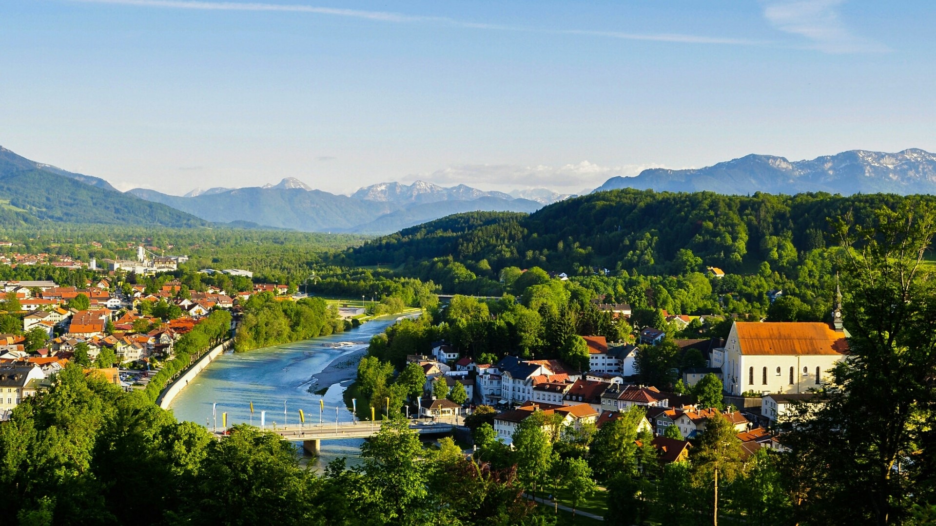 Cityscape with river and mountains HD Wallpaper