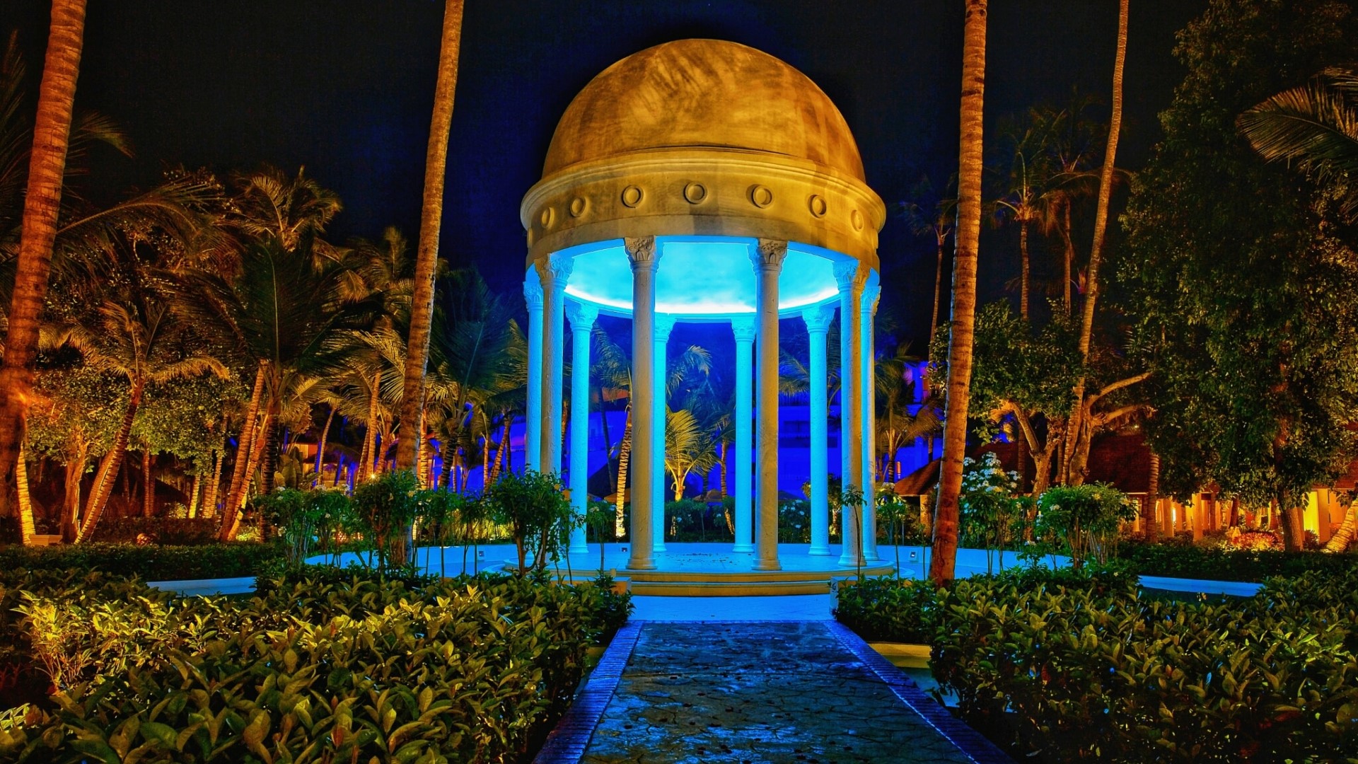 Gazebo with blue lights at night HD Wallpaper