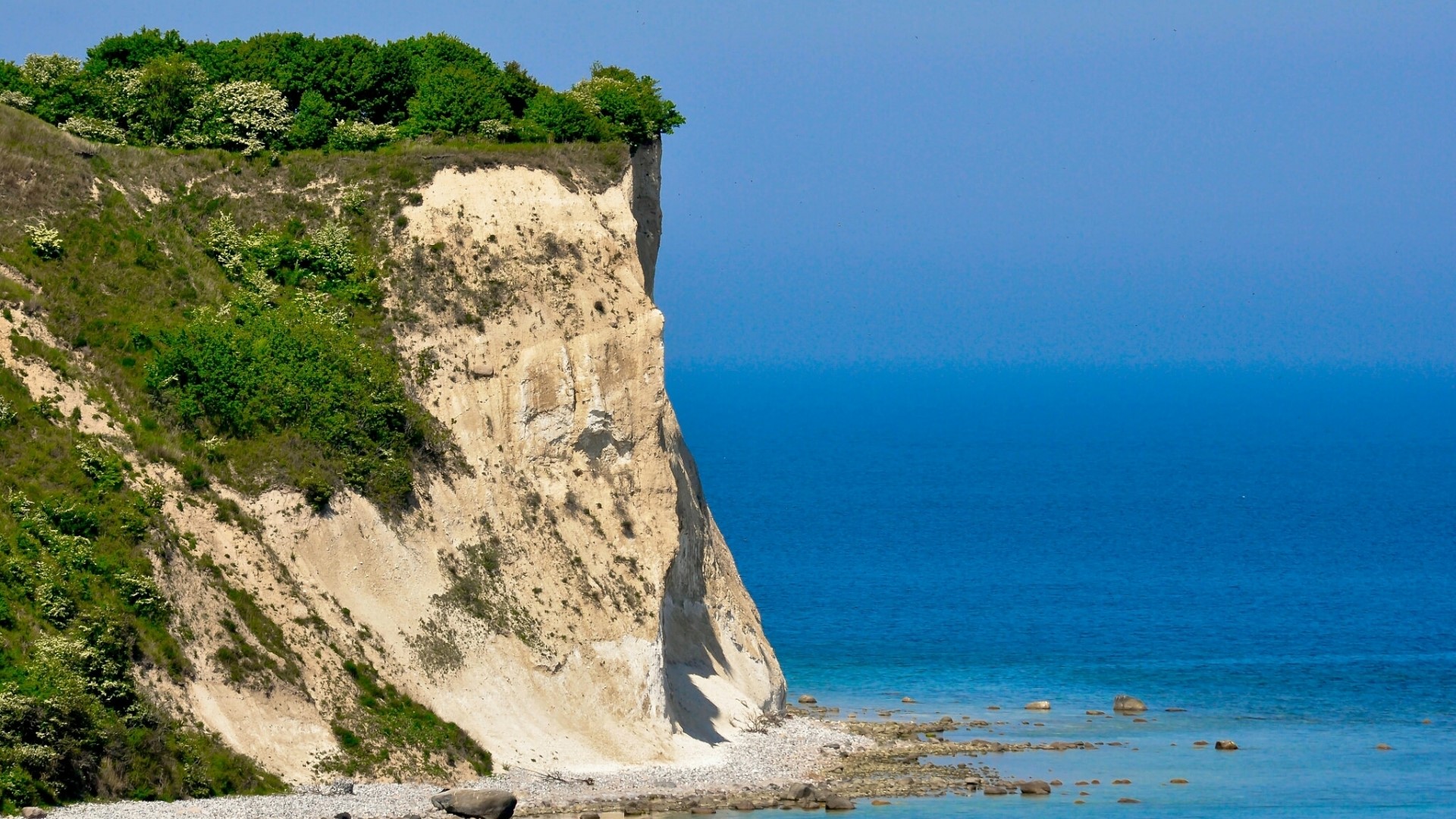 White chalk cliffs overlooking the blue sea HD Wallpaper