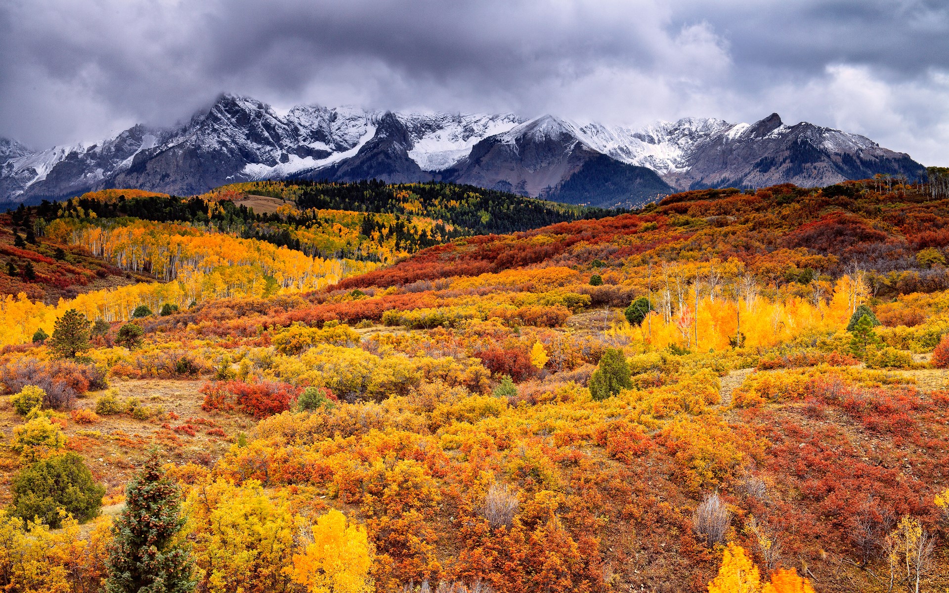 Autumn Mountain Landscape with Snow-Capped Peaks HD Wallpaper