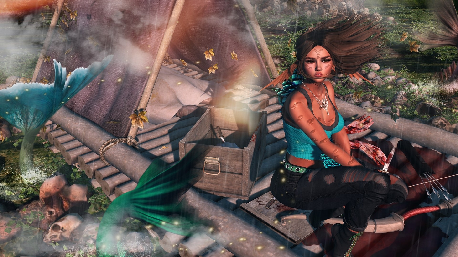 Fantasy girl with bow and arrow near mermaid tail HD Wallpaper