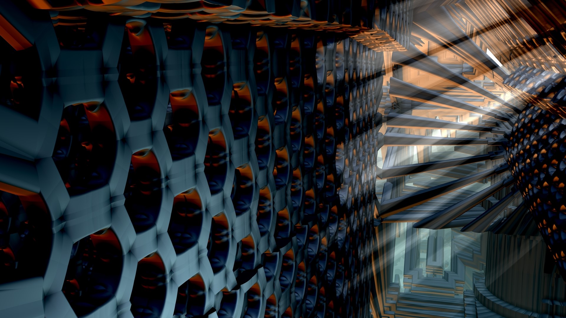 3D abstract hexagonal tunnel with light rays HD Wallpaper
