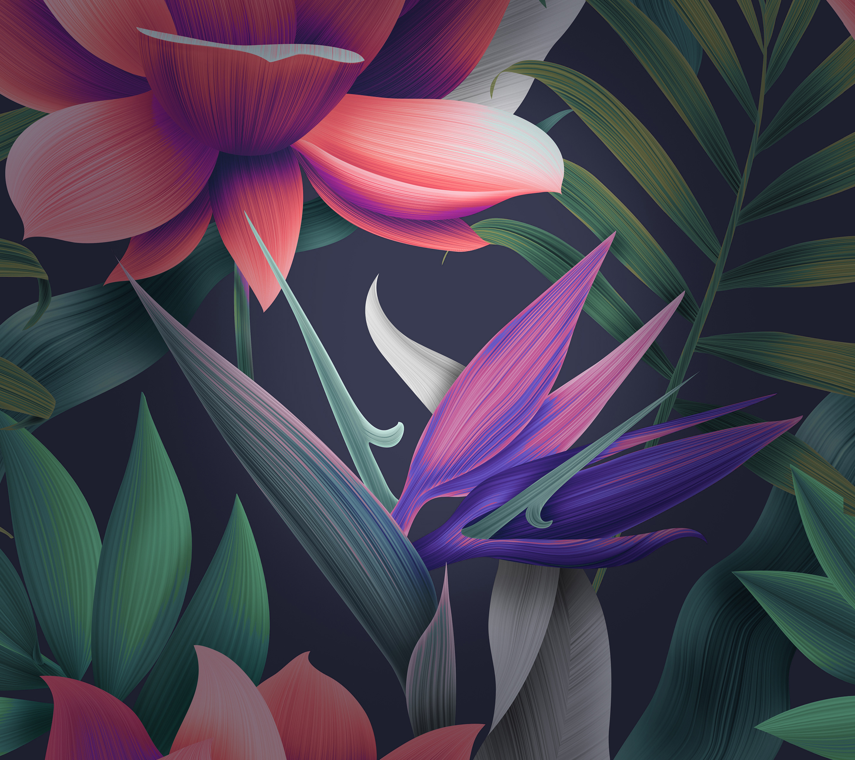 Tropical Flowers and Leaves Pattern HD Wallpaper