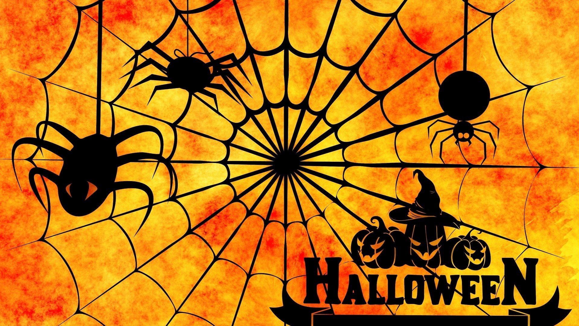 Halloween Spiders and Pumpkins on Web HD Wallpaper