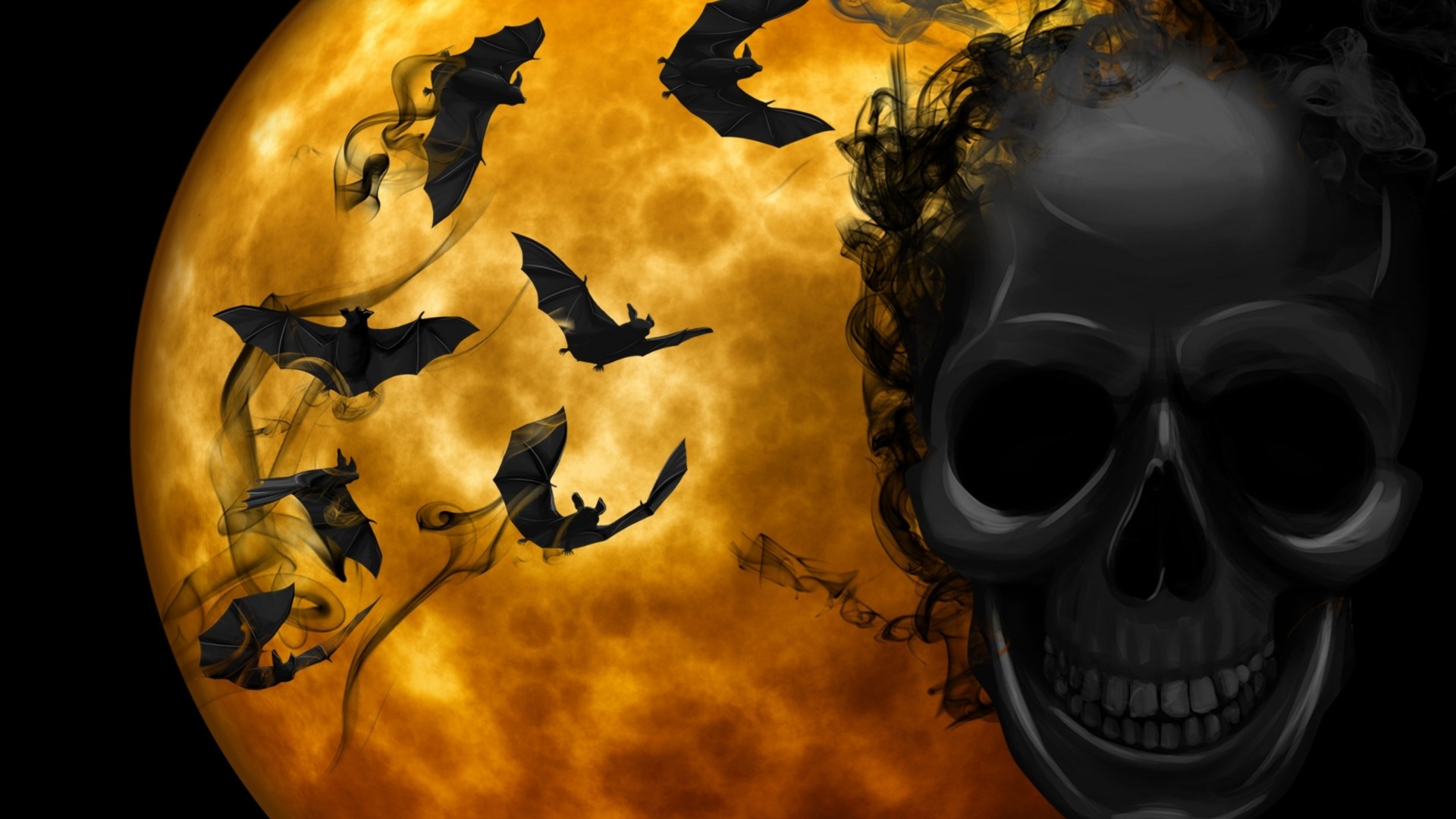 Halloween bats flying around a full moon with a skull HD Wallpaper