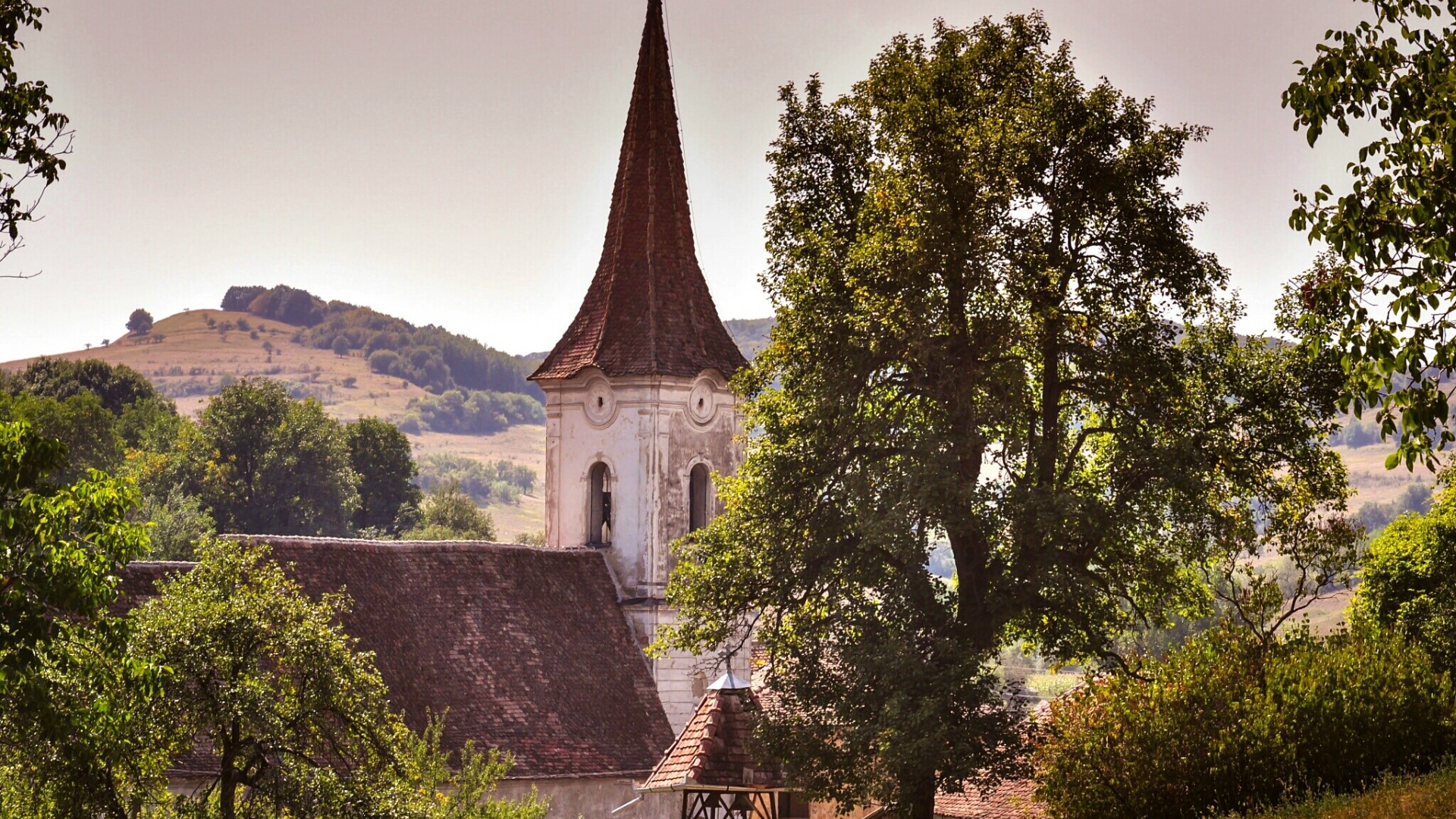 Church tower and tiled roof in a rural landscape HD Wallpaper