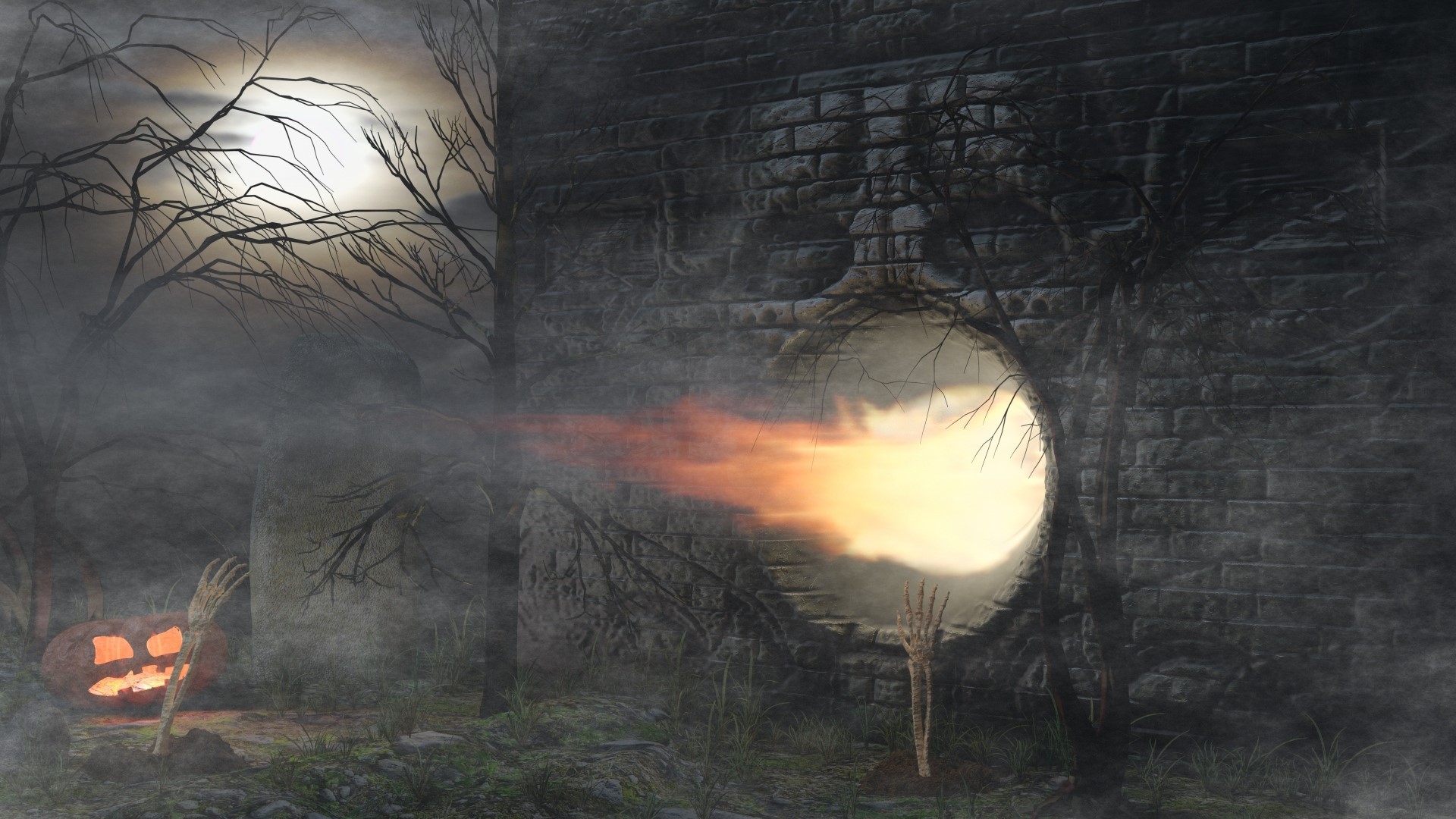 Halloween graveyard with pumpkin and fire HD Wallpaper