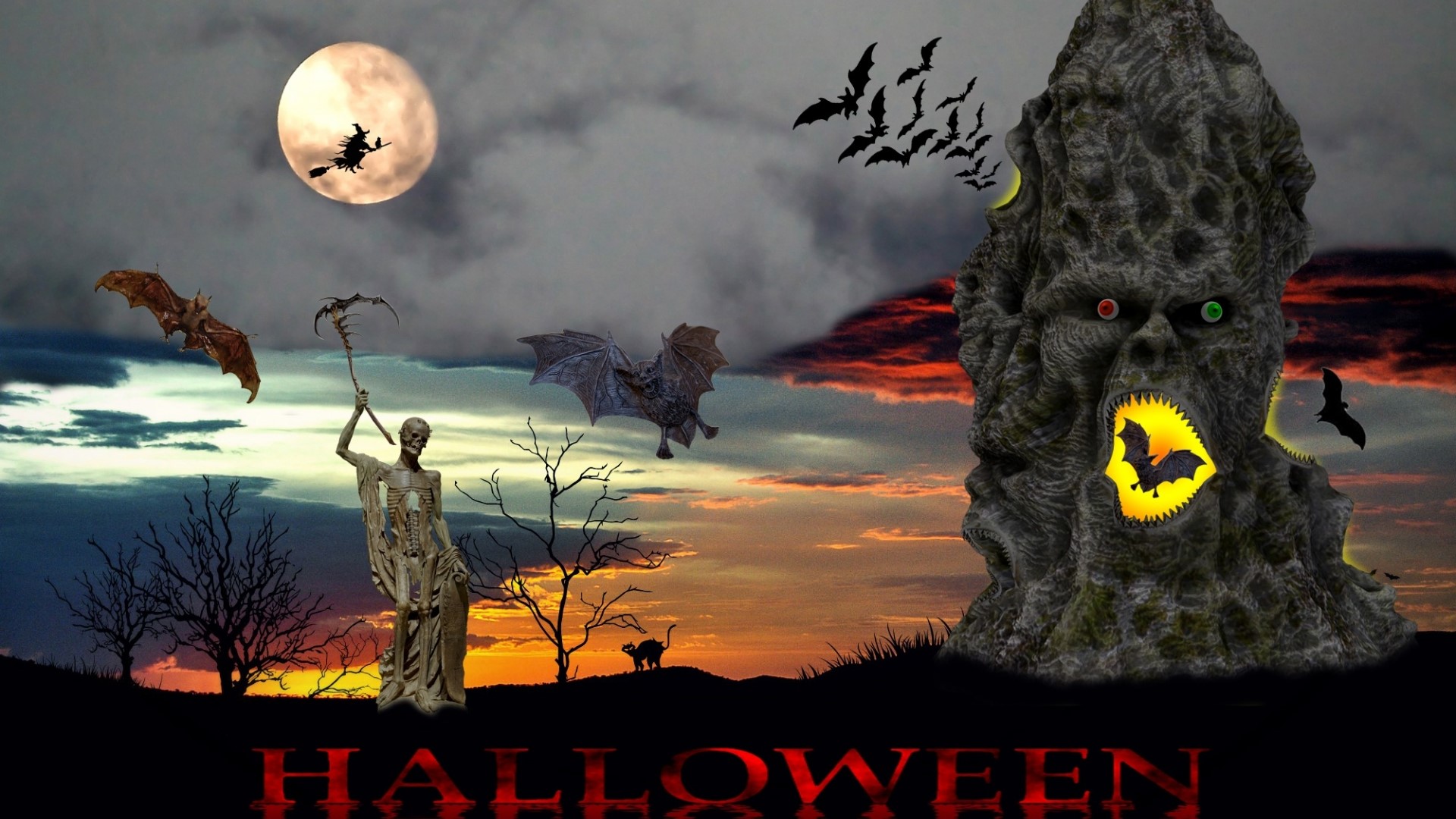 Halloween scene with skeleton, bats, and spooky tree HD Wallpaper