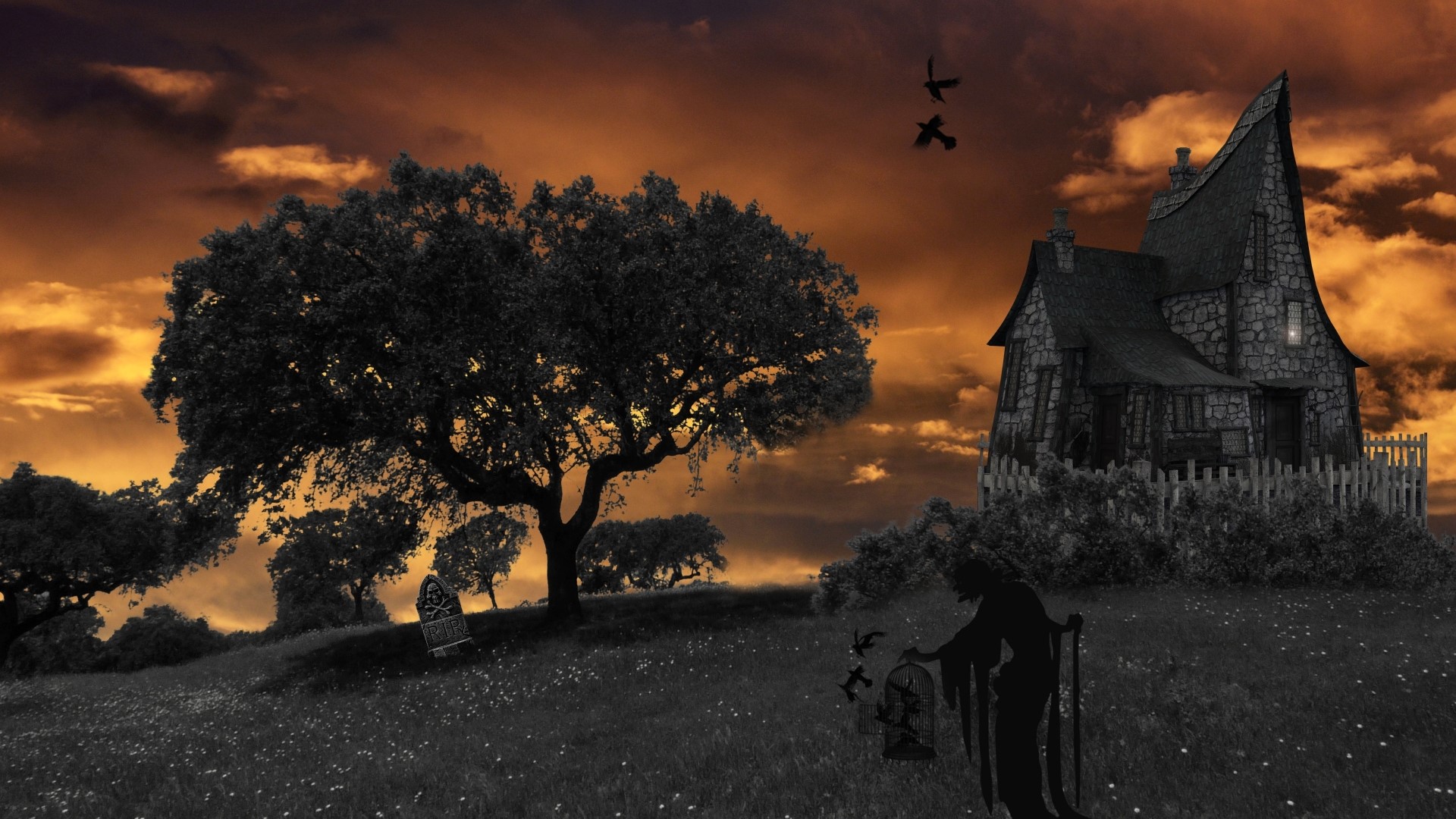 Halloween scene with a witch and a haunted house HD Wallpaper