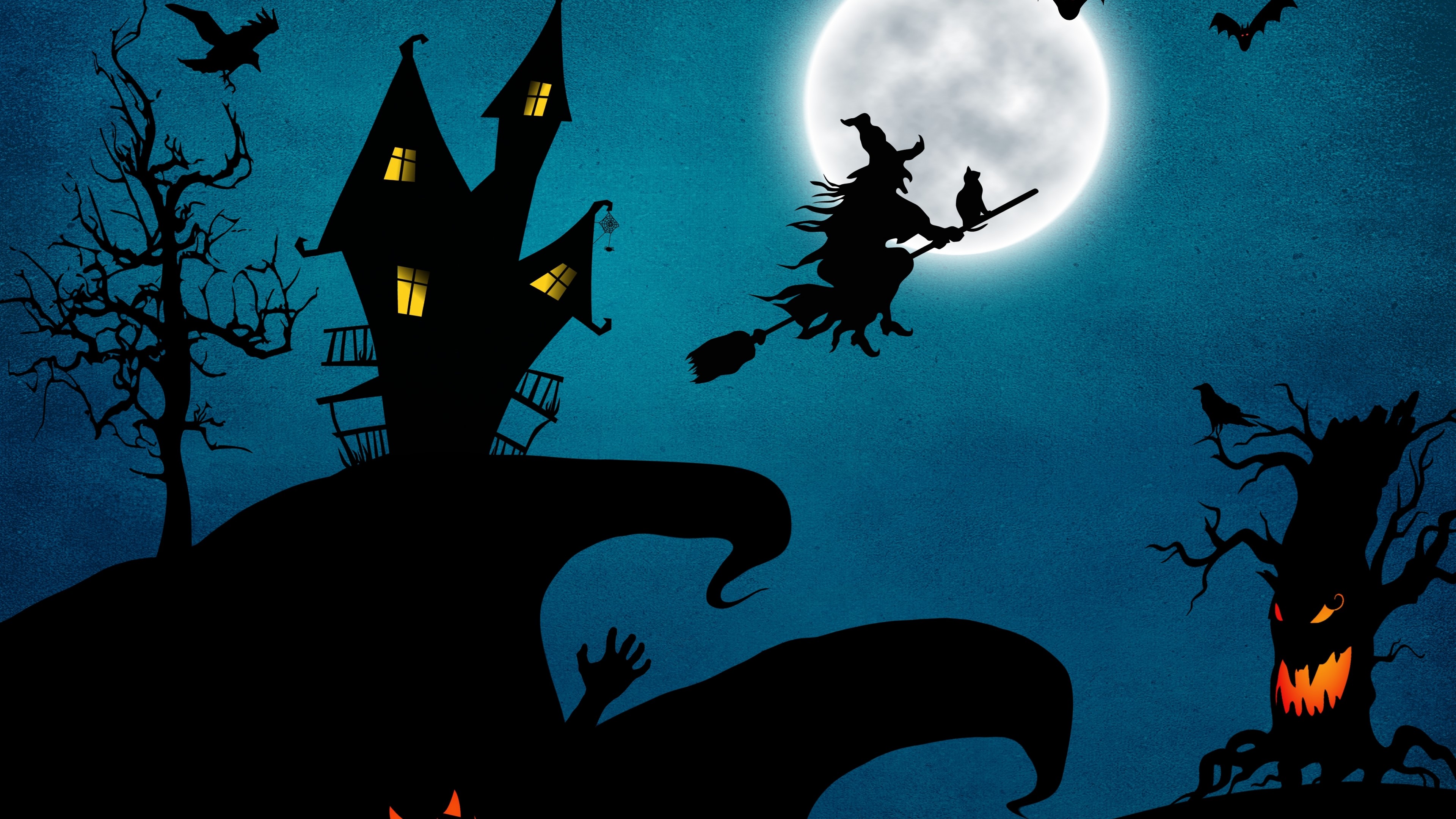 4K Halloween Witch Flying Over Haunted House HD Wallpaper