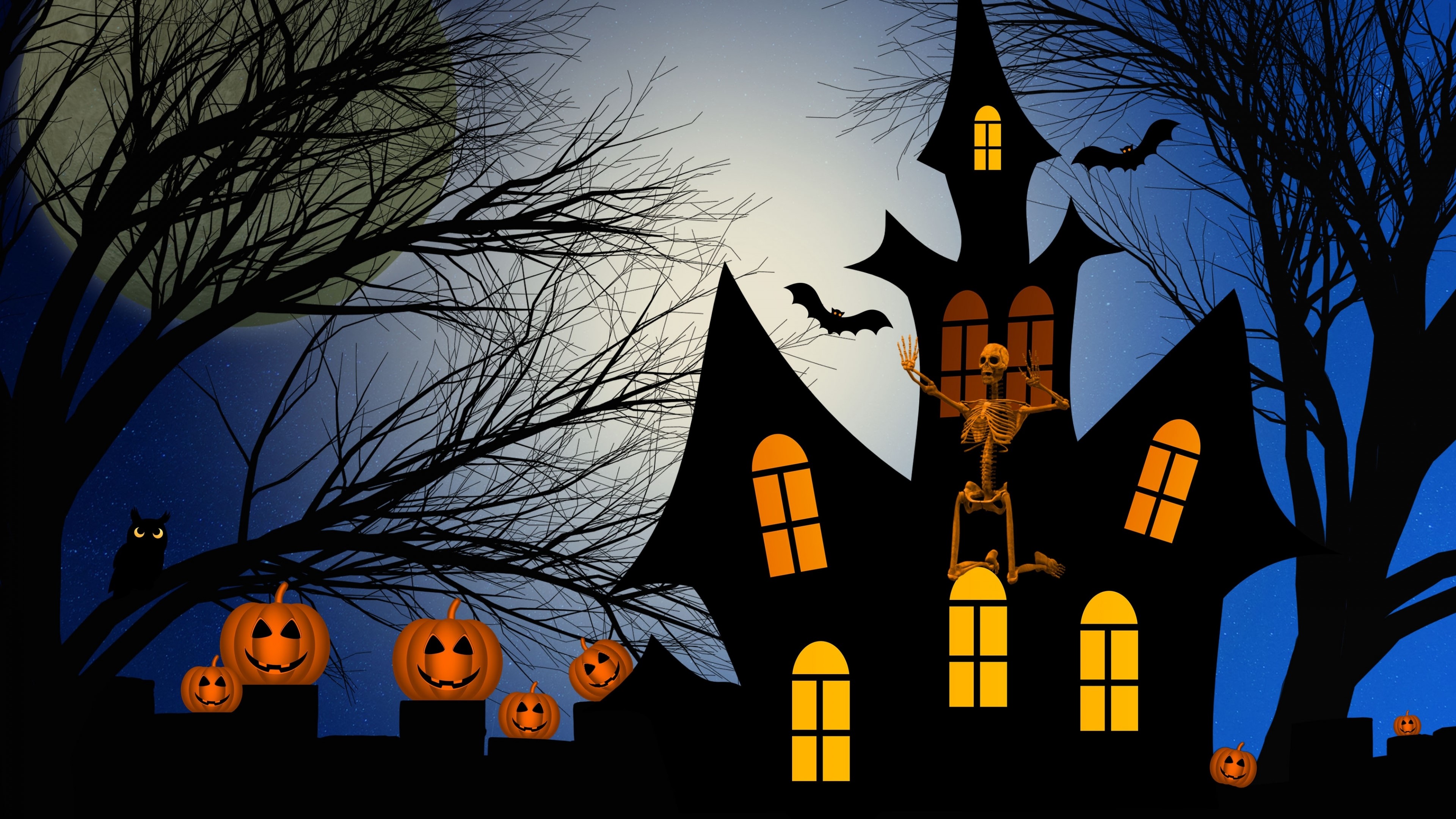 4K Halloween Haunted House with Pumpkins and Skeleton HD Wallpaper