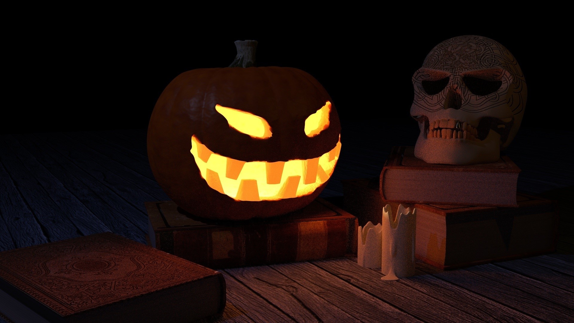 Halloween pumpkin and skull on books HD Wallpaper