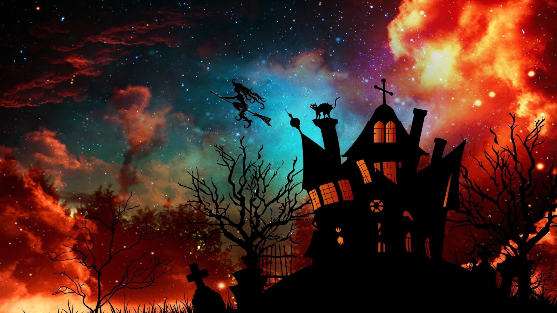 Halloween haunted house with witch and cat under starry sky HD Wallpaper