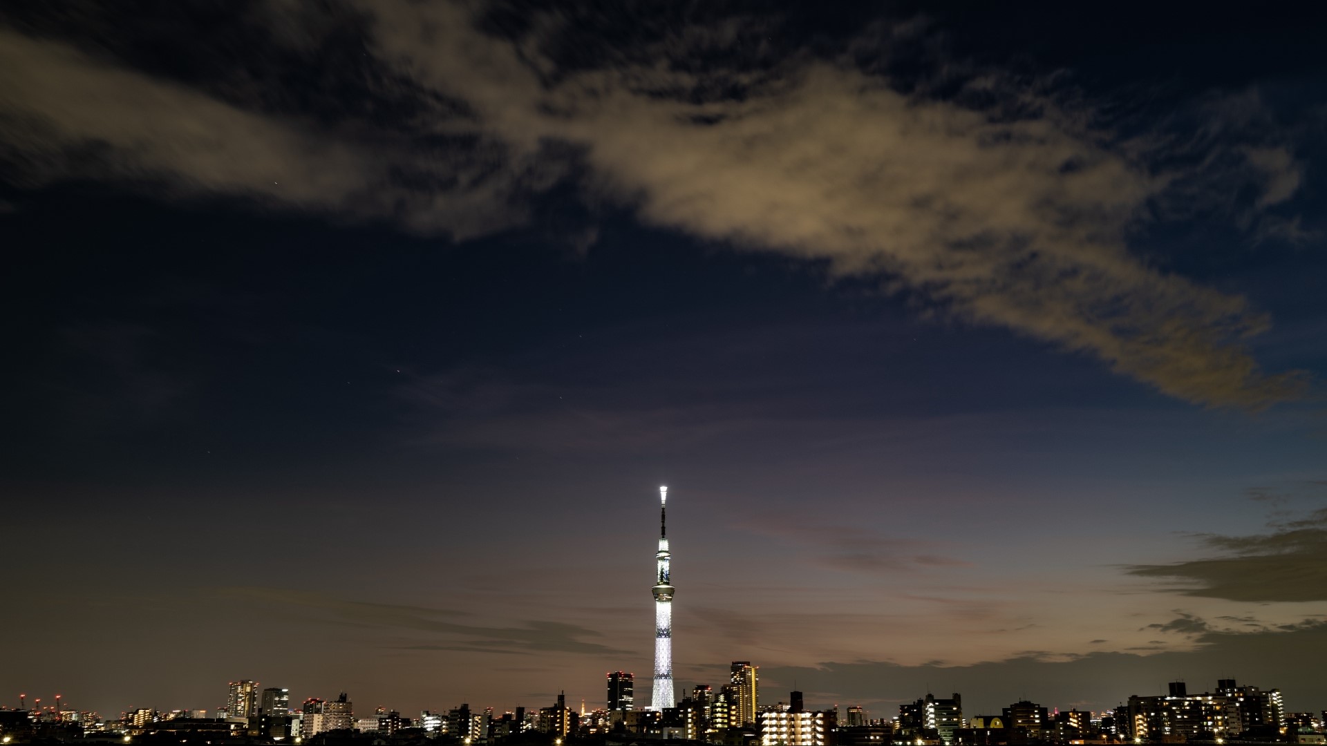 Tokyo Skytree at night over city skyline HD Wallpaper