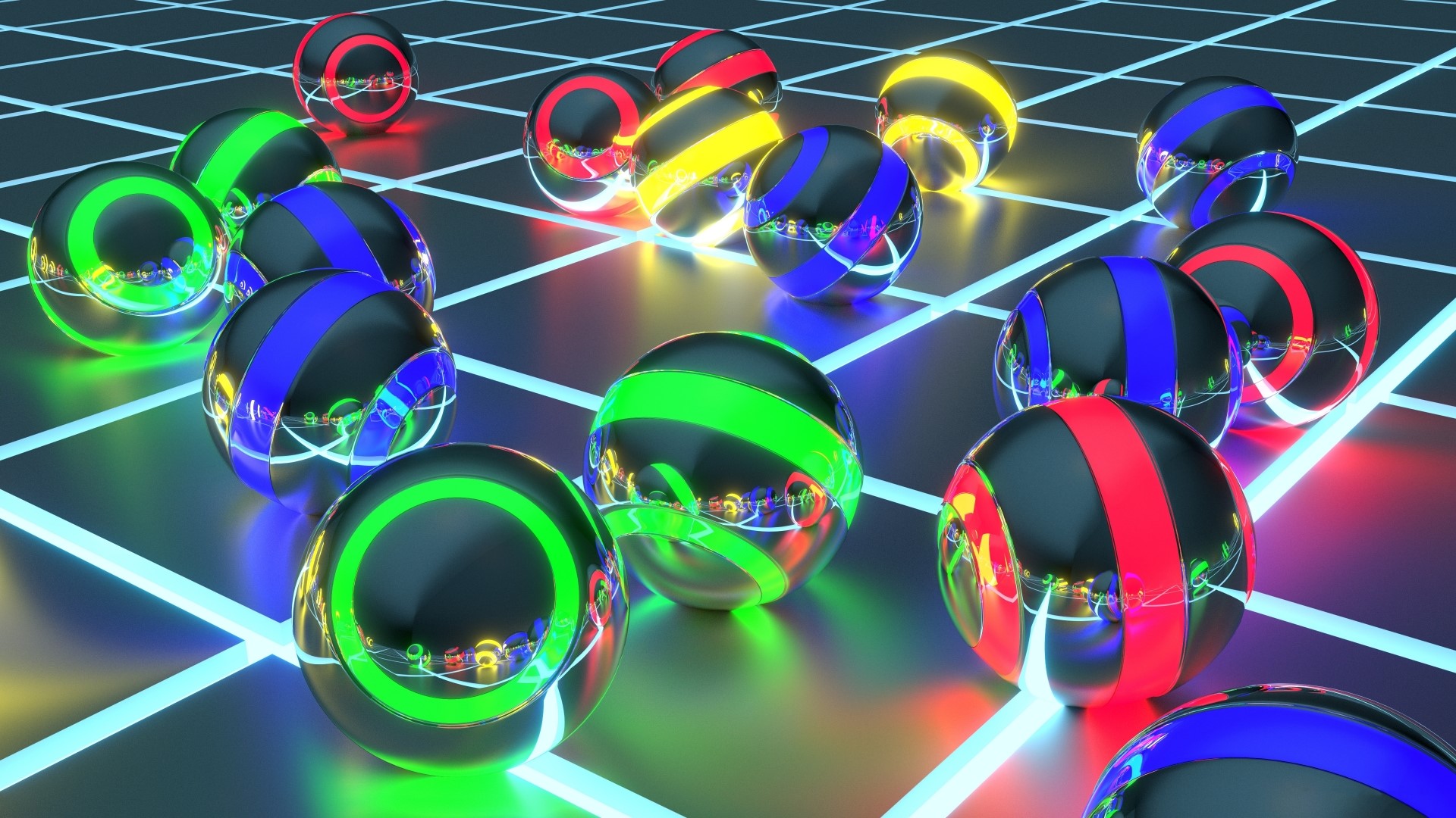 3D rendered spheres with glowing neon stripes on a grid HD Wallpaper
