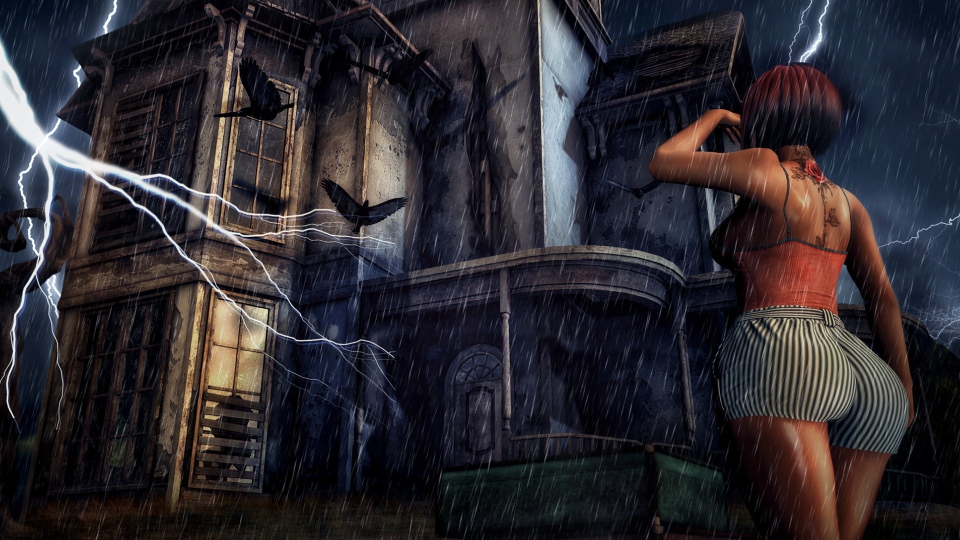 Fantasy girl in a haunted house during a thunderstorm HD Wallpaper