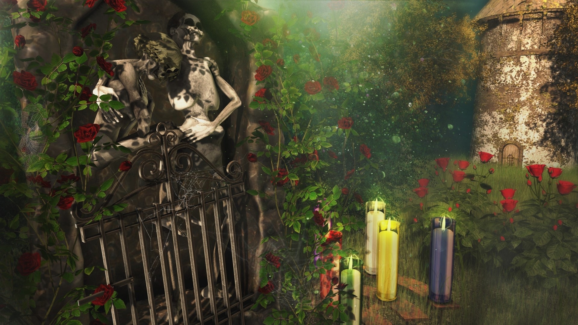 Skeleton couple in a graveyard with roses and candles HD Wallpaper