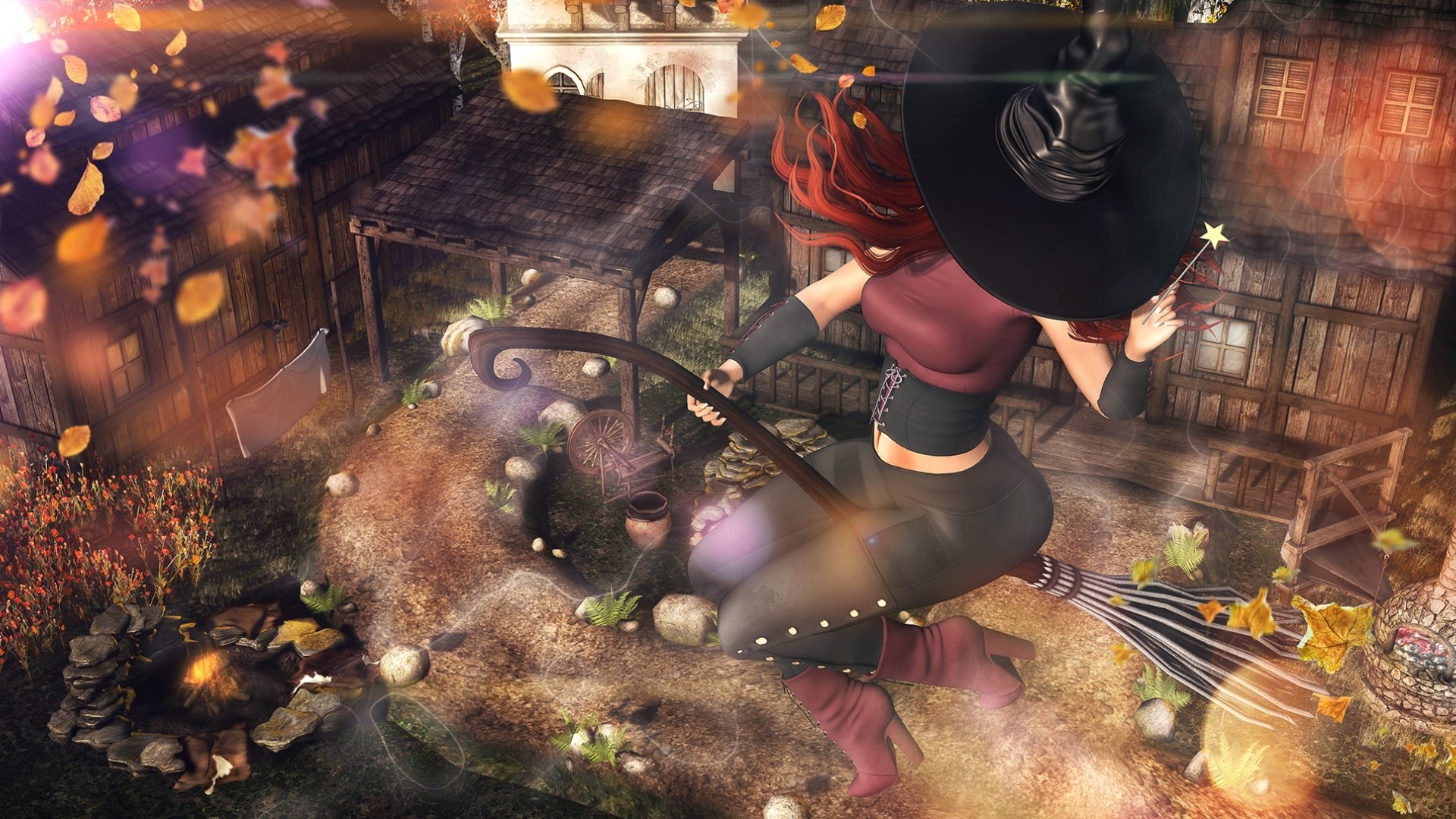Witch flying on a broomstick with a magic wand HD Wallpaper