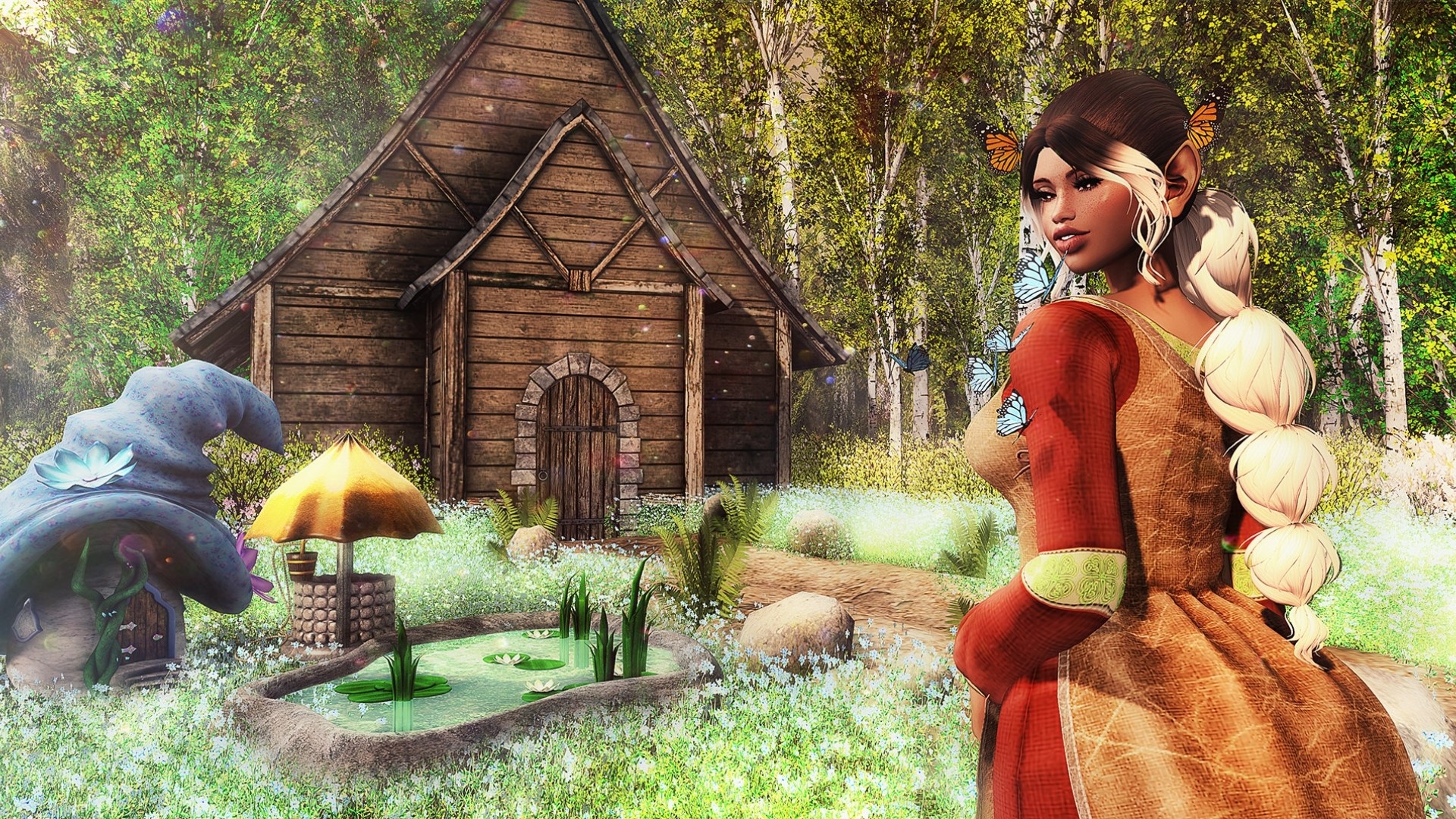 Fantasy girl with butterflies near a wooden cabin HD Wallpaper