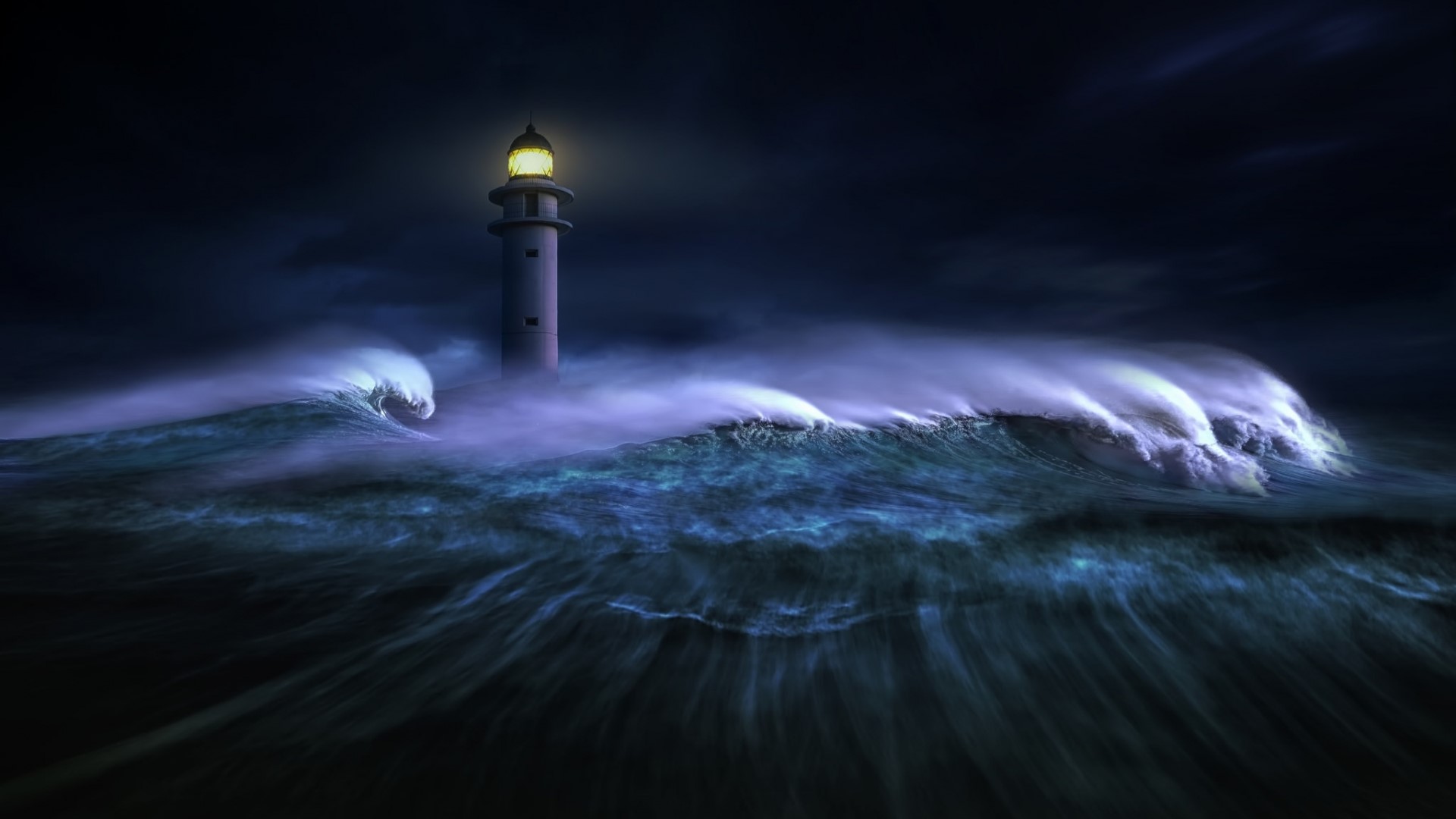 Lighthouse in a stormy ocean at night HD Wallpaper