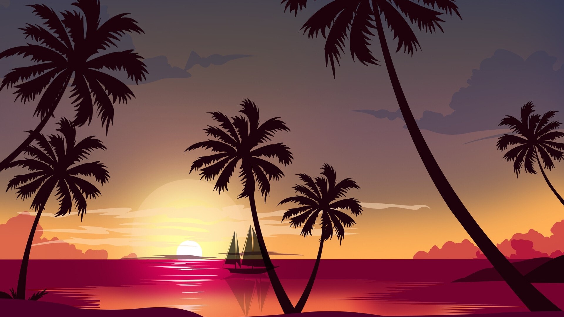 Sunset over the ocean with palm trees and sailboat HD Wallpaper