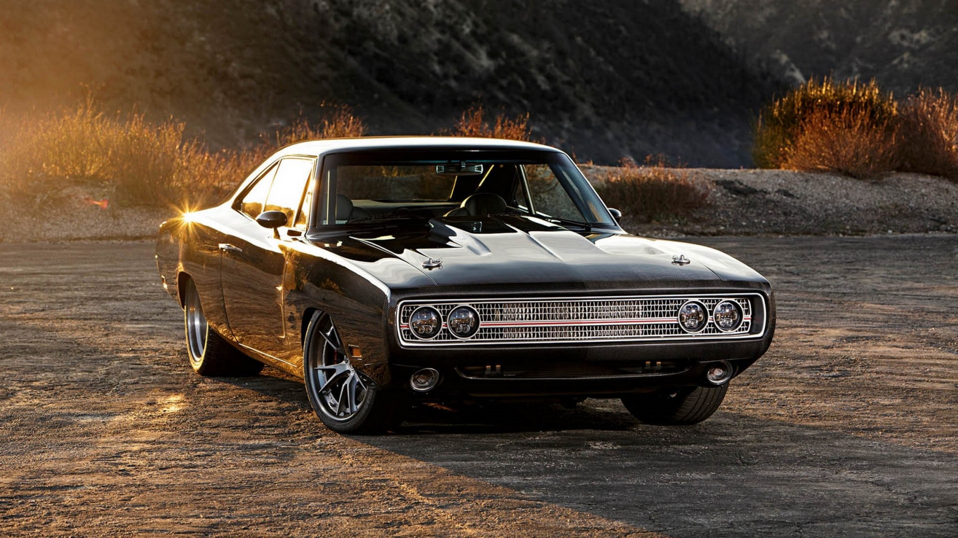 Black Dodge Charger parked on dirt road HD Wallpaper