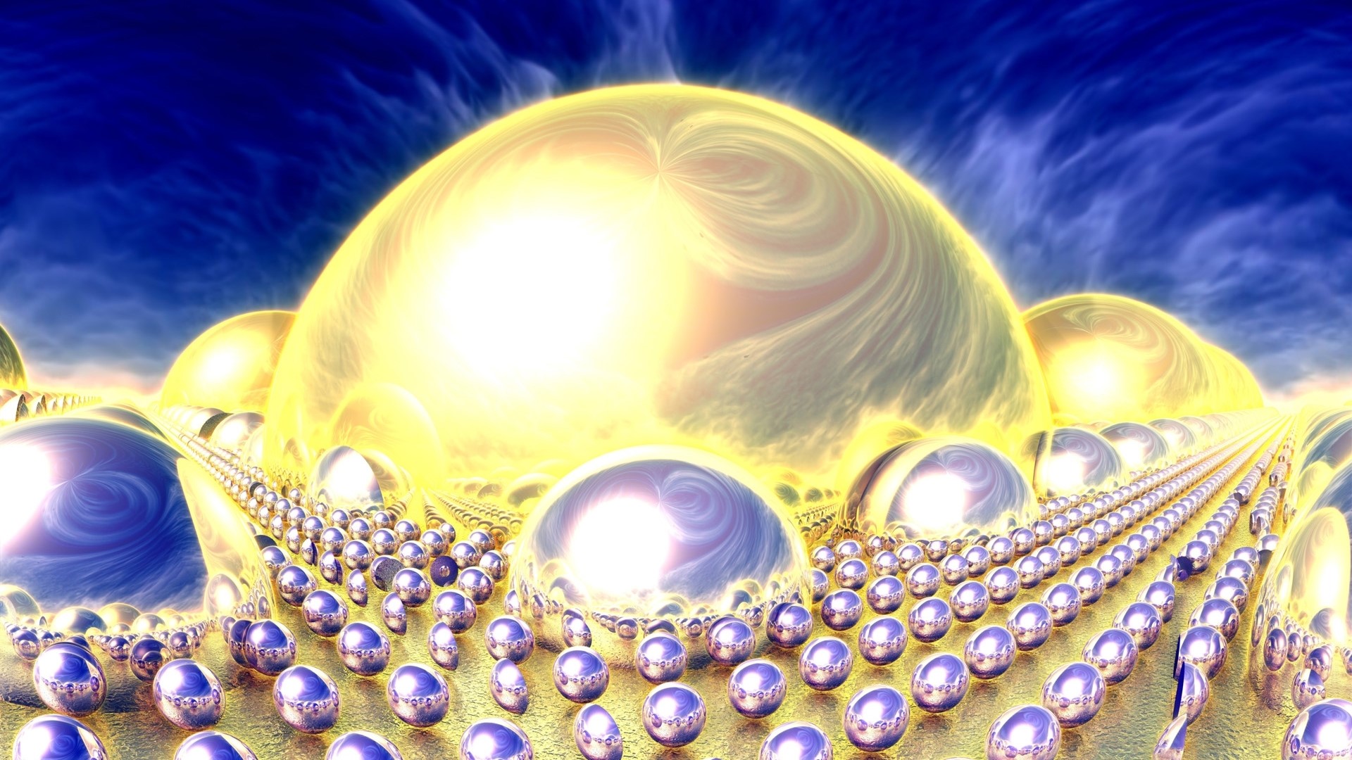 3D fractal landscape with spheres and clouds HD Wallpaper