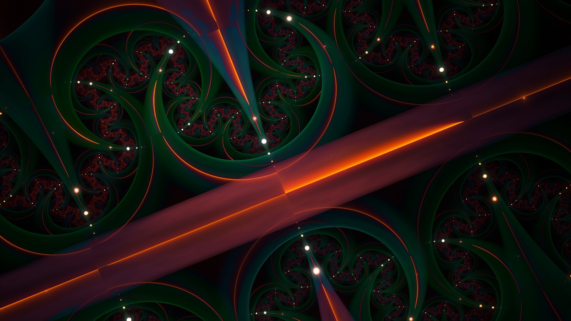Fractal pattern with green swirls and orange light HD Wallpaper