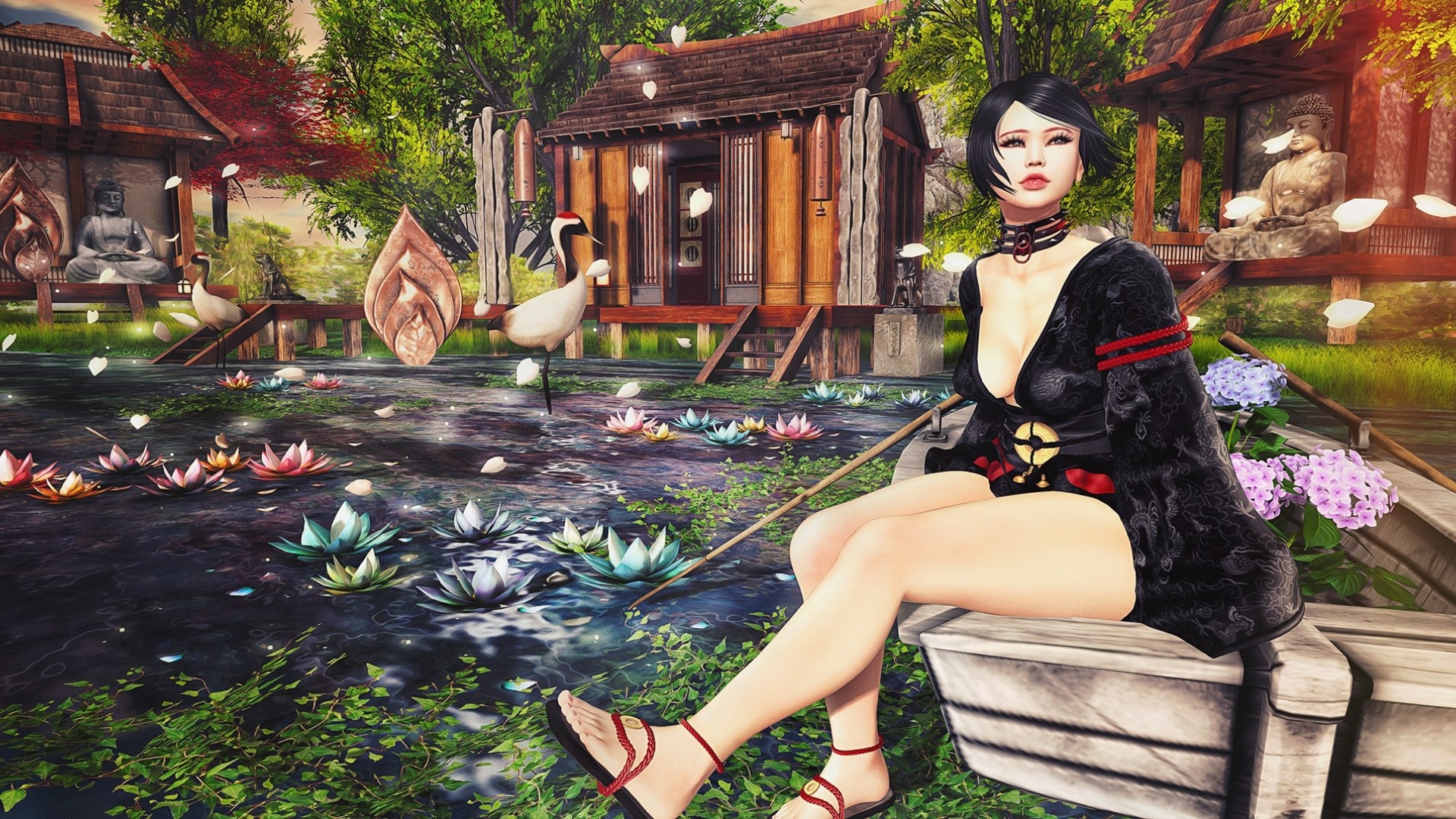 3D fantasy girl in a kimono by a pond HD Wallpaper