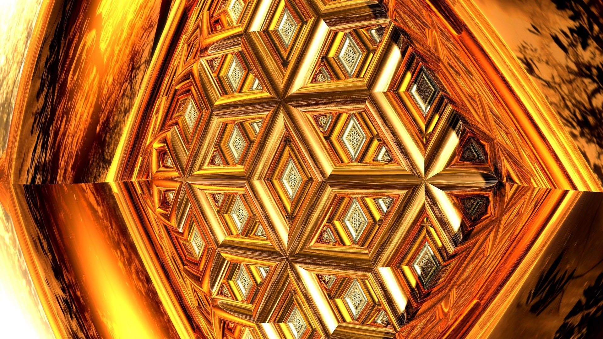 Golden fractal geometric pattern with reflections HD Wallpaper