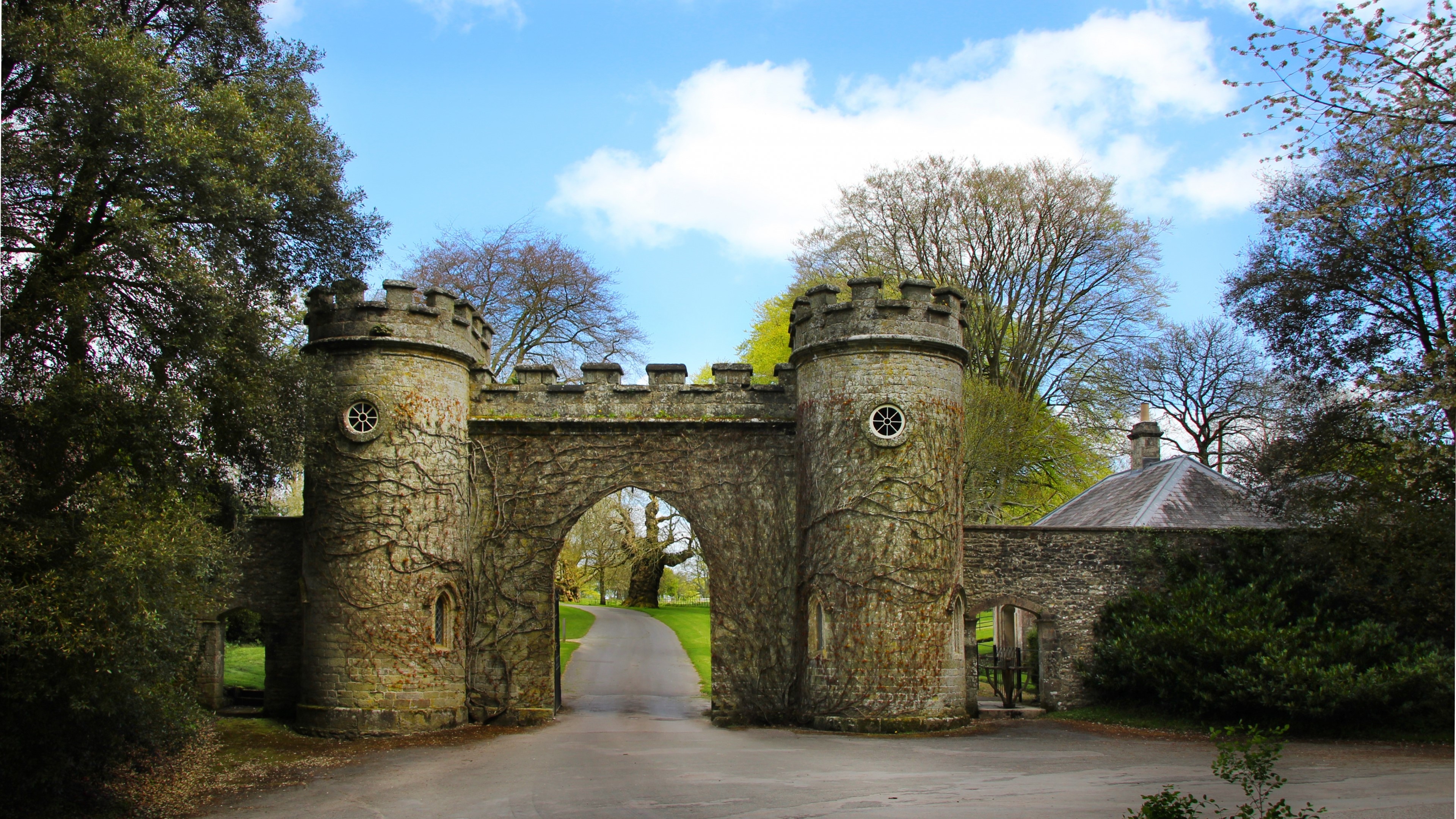 Stone Gatehouse with Towers and Archway HD Wallpaper