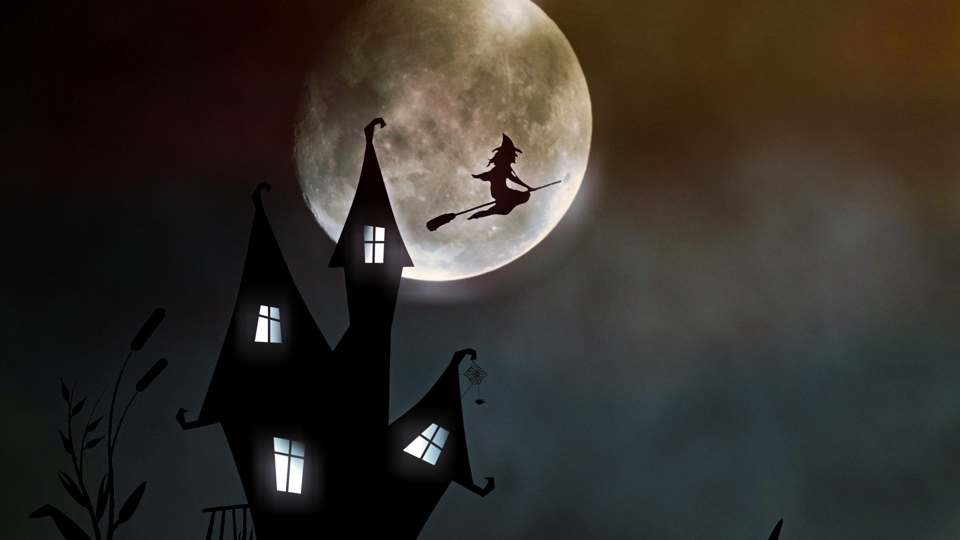 Witch flying in front of moon over haunted house HD Wallpaper