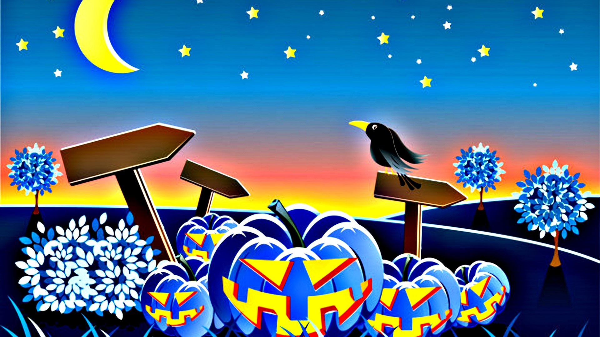 Halloween Night with Jack-o'-lanterns and a Crow HD Wallpaper