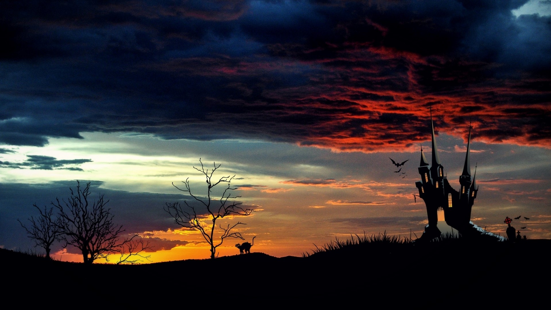 Halloween castle with spooky clouds and trees HD Wallpaper