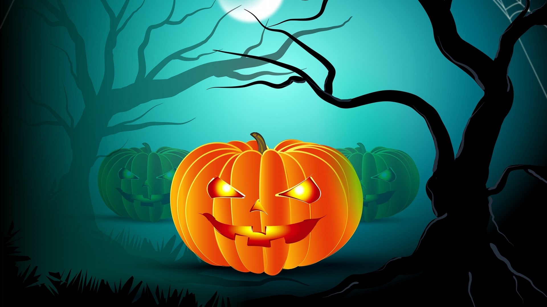 Halloween pumpkins in a spooky forest HD Wallpaper
