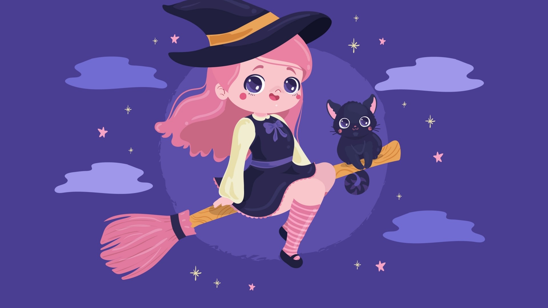 Cute witch and black cat flying on broomstick HD Wallpaper