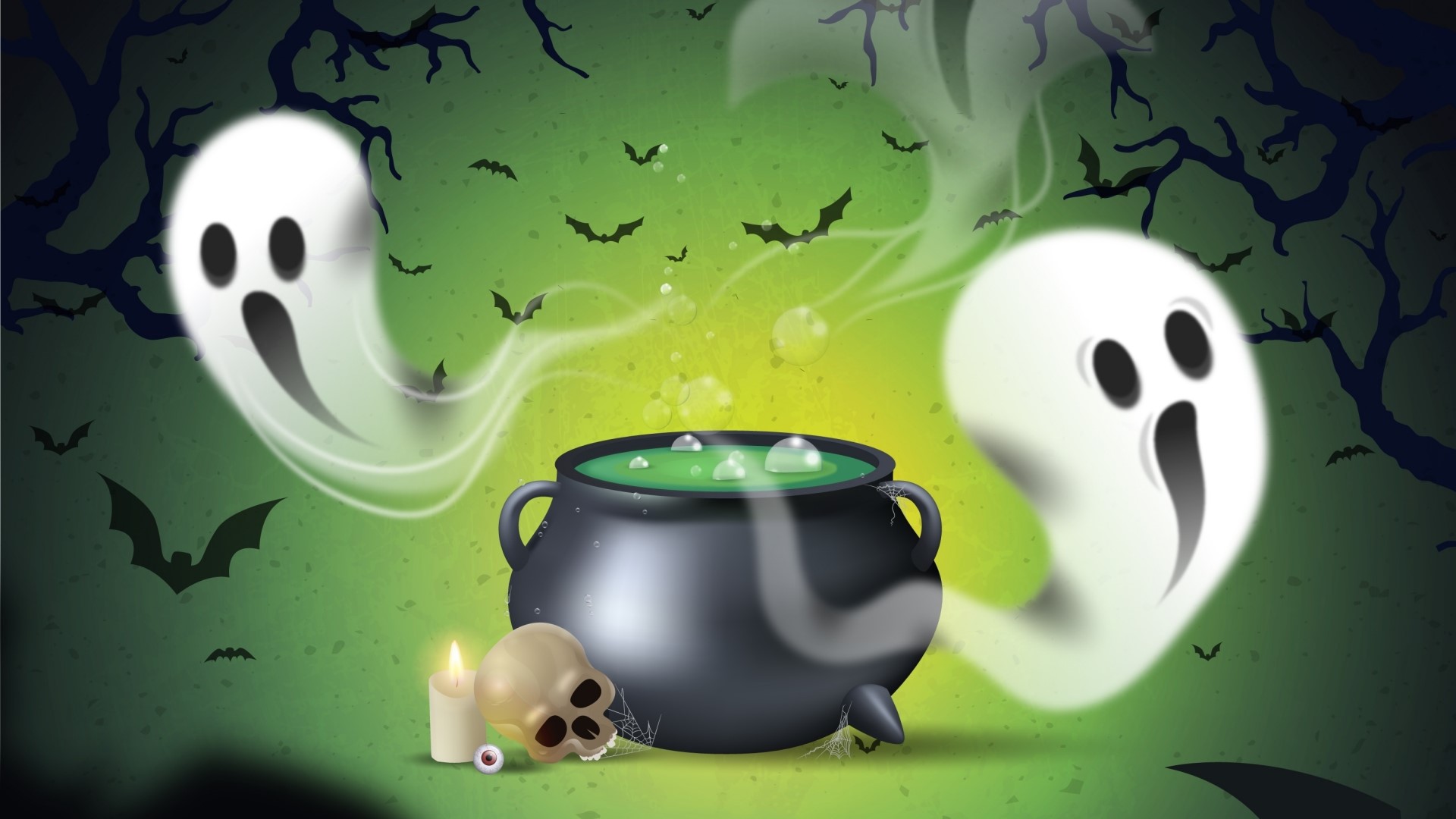 Halloween Ghosts and Witch's Cauldron HD Wallpaper