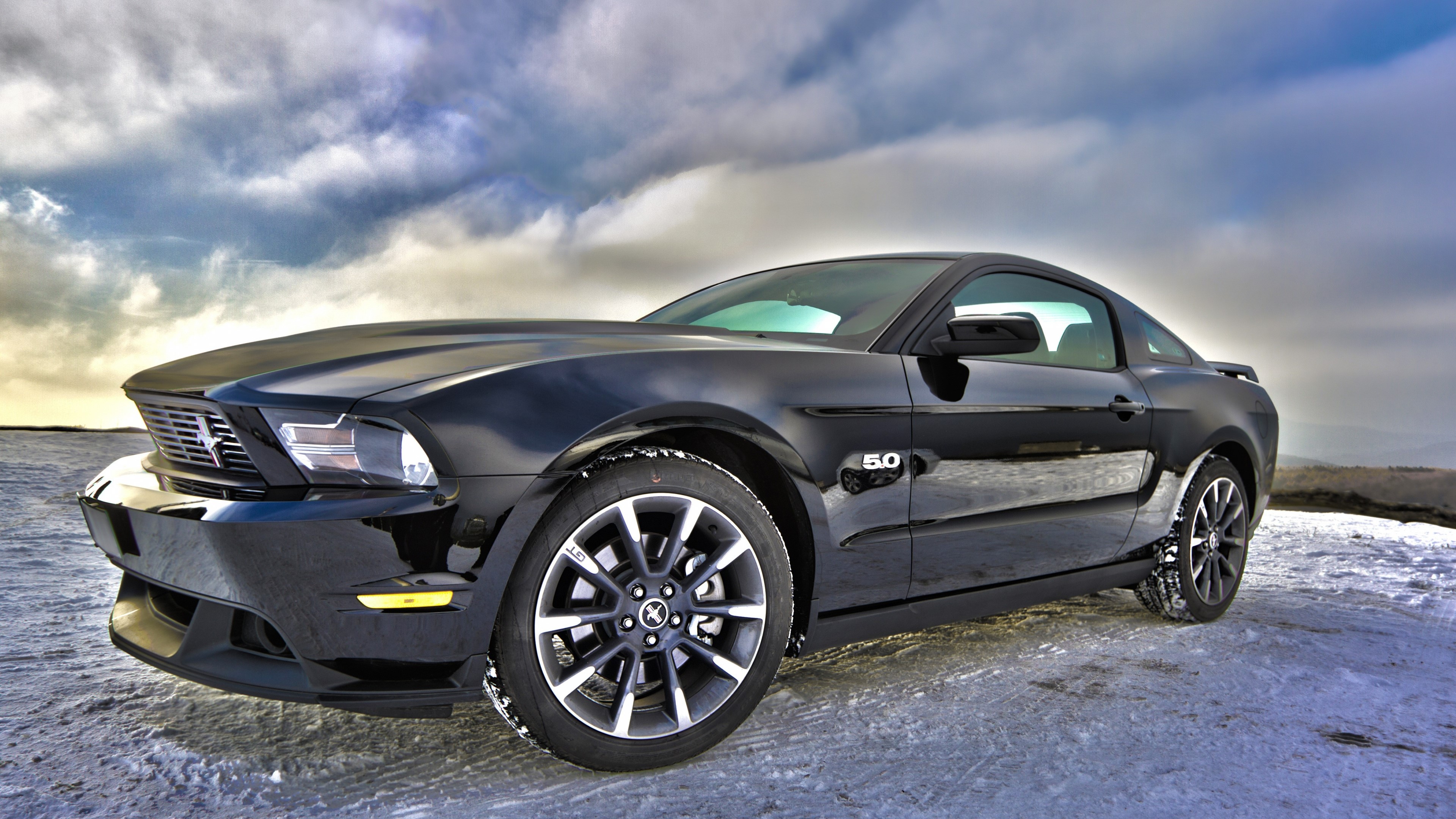 Black Ford Mustang GT 5.0 on Snowy Ground HD Wallpaper