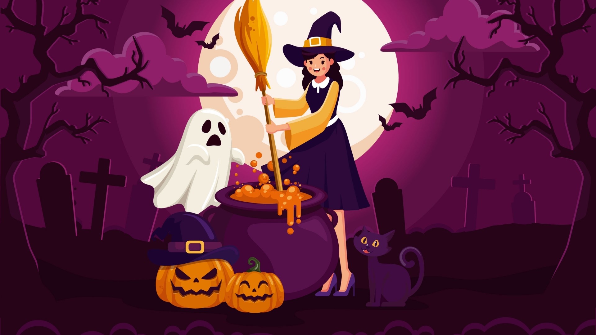 Halloween Witch and Ghost Making Potion HD Wallpaper