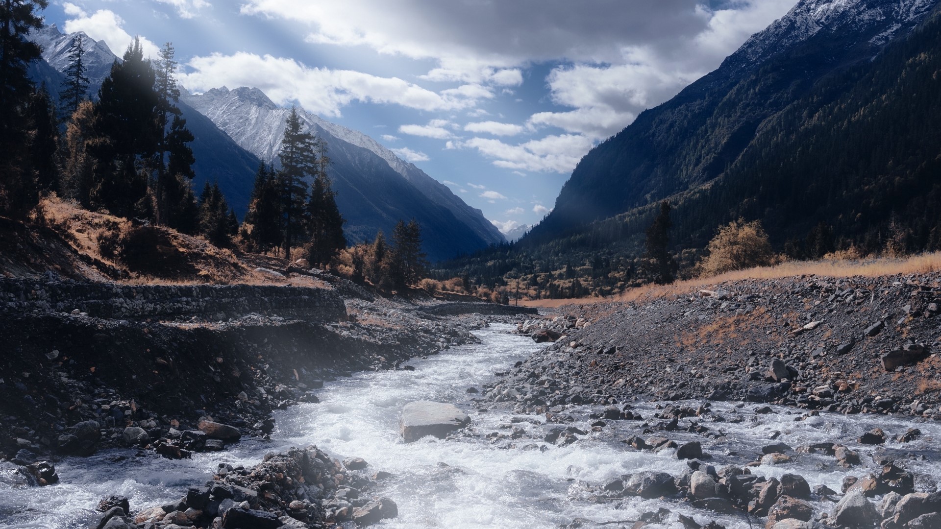 Mountain valley with a creek and trees HD Wallpaper