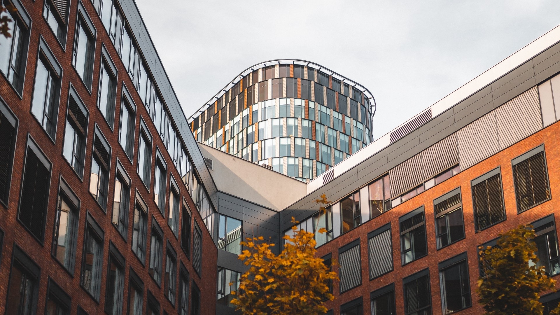 Modern brick and glass office buildings HD Wallpaper