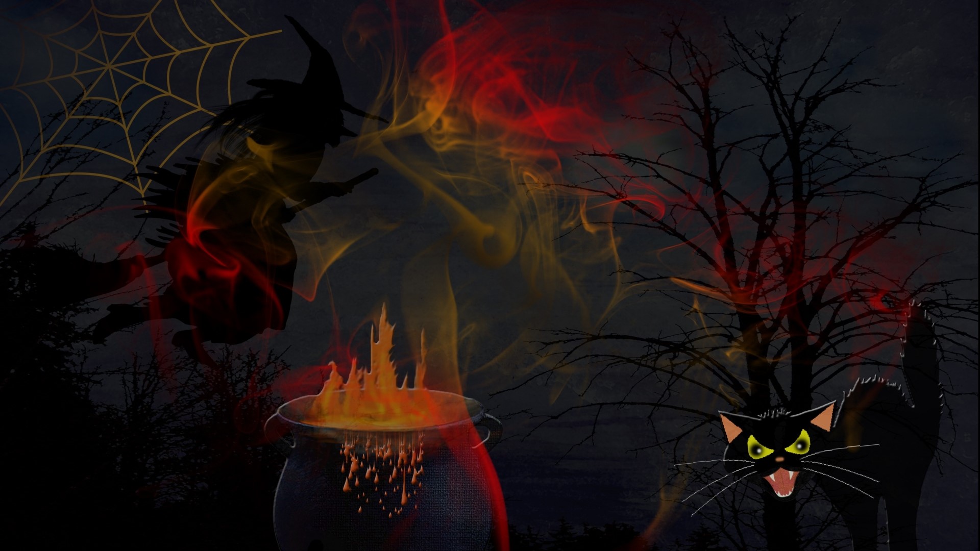 Halloween Witch Flying Over Cauldron with Black Cat HD Wallpaper