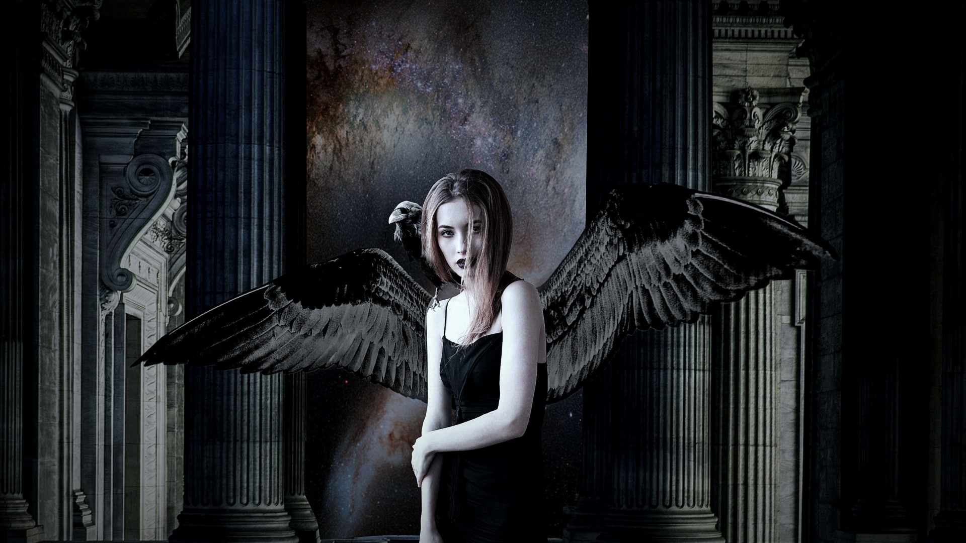 Angel with black wings and a bird on her shoulder HD Wallpaper