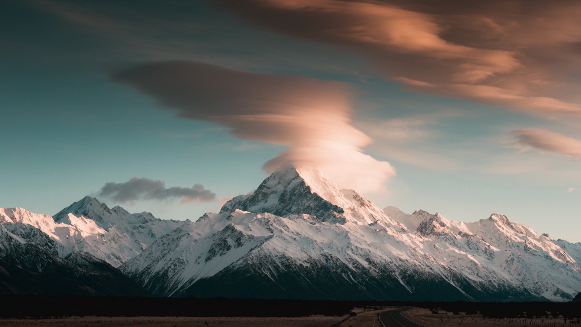 Snow-capped mountains with lenticular cloud HD Wallpaper