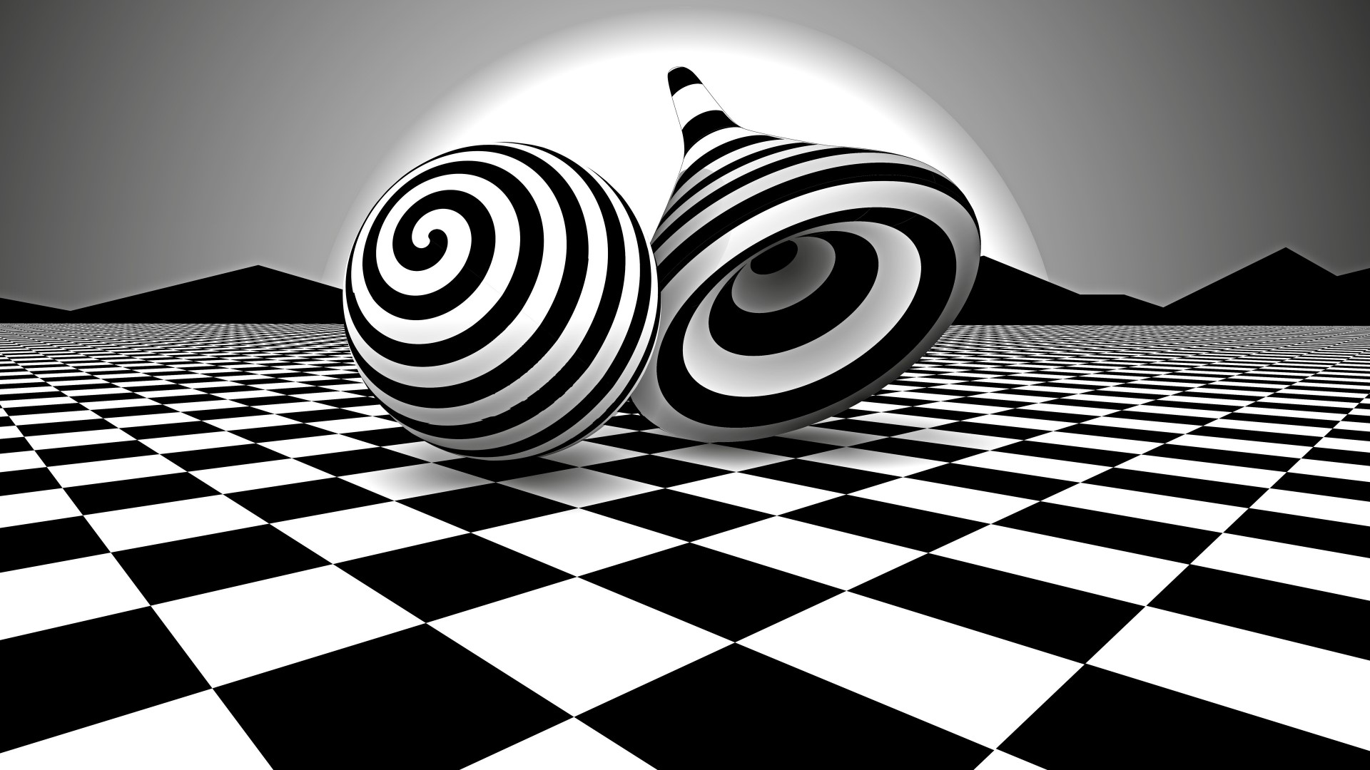 Optical illusion sphere and top on checkerboard floor HD Wallpaper