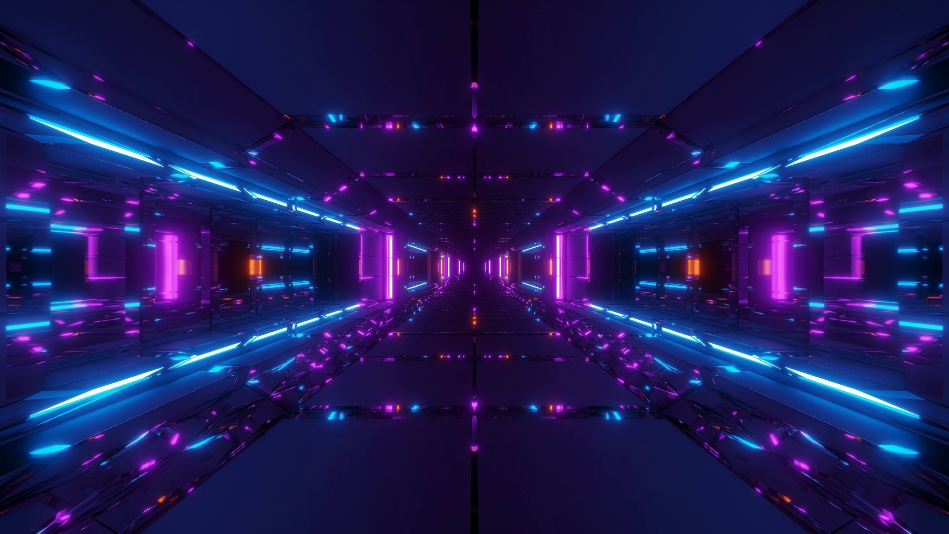 Futuristic neon tunnel with blue and purple lights HD Wallpaper