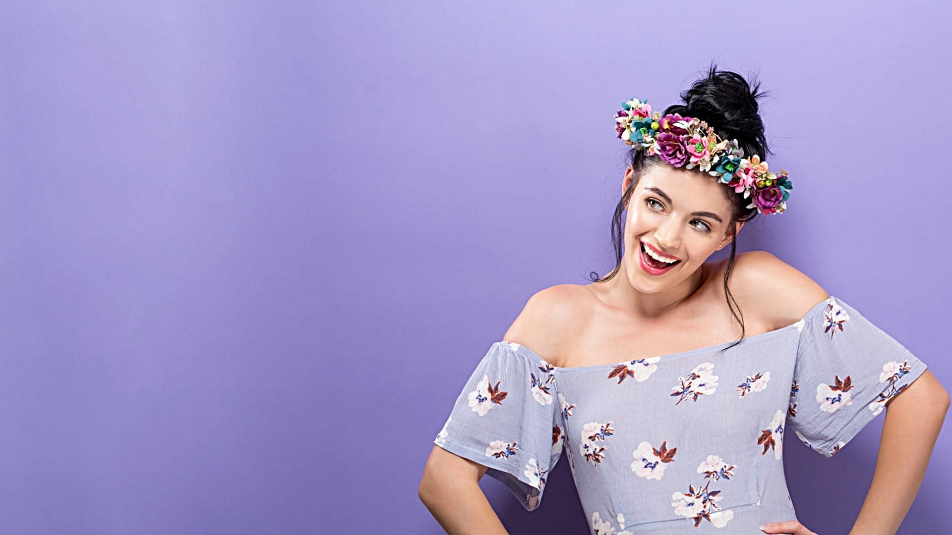Girl with flower crown on purple background HD Wallpaper
