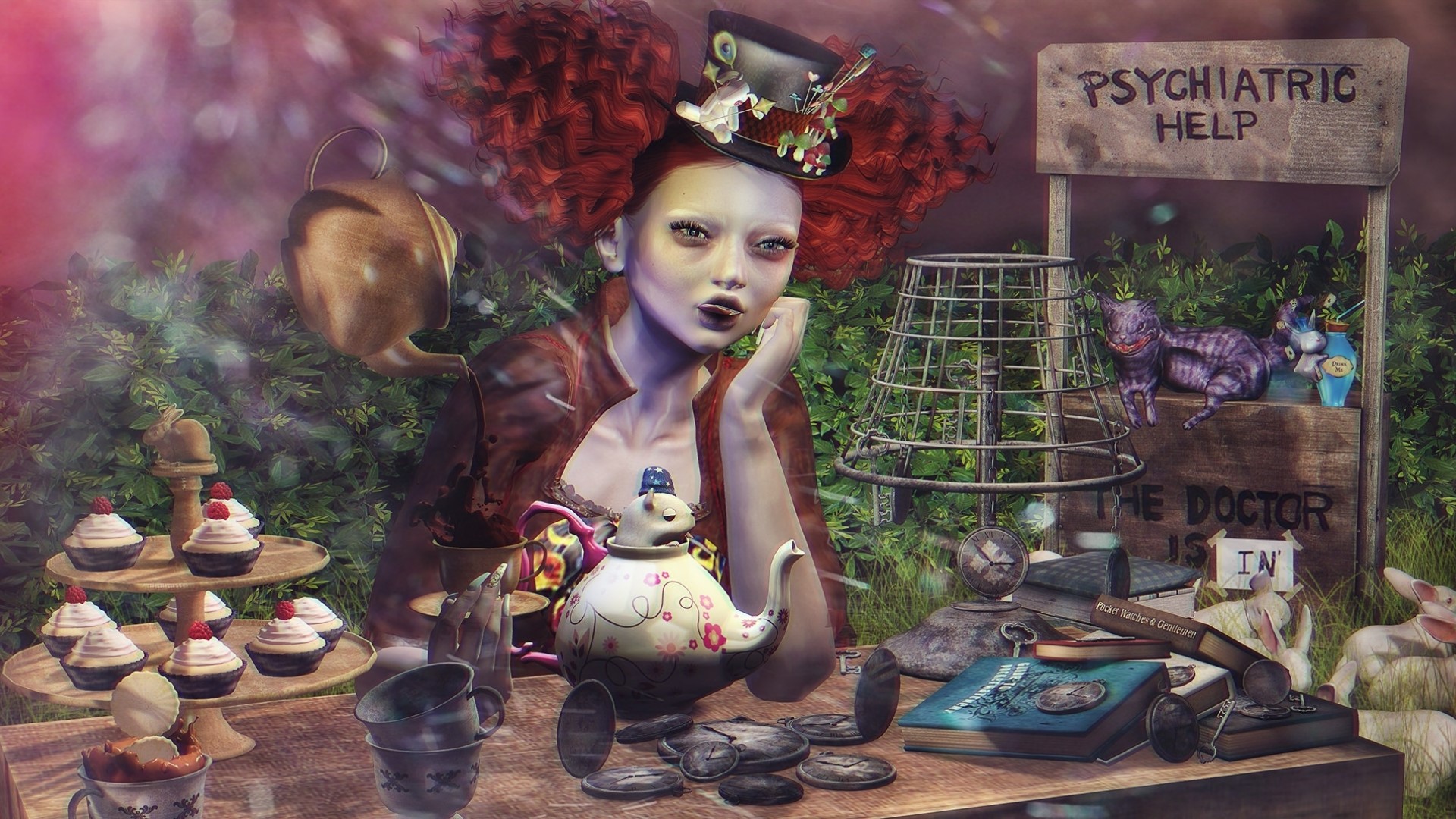 Fantasy girl with red hair and a teapot HD Wallpaper
