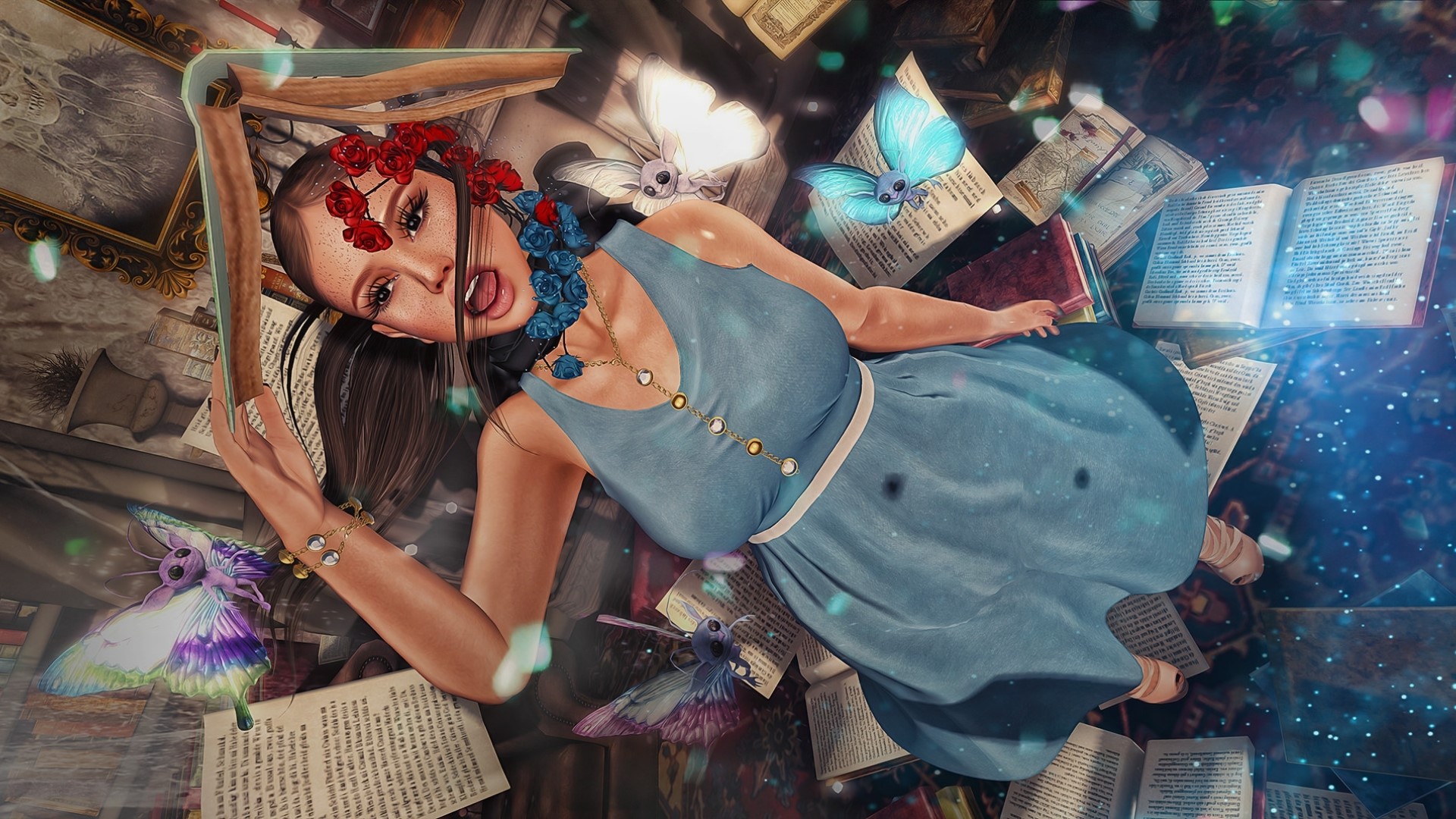 Fantasy girl with butterflies and books HD Wallpaper